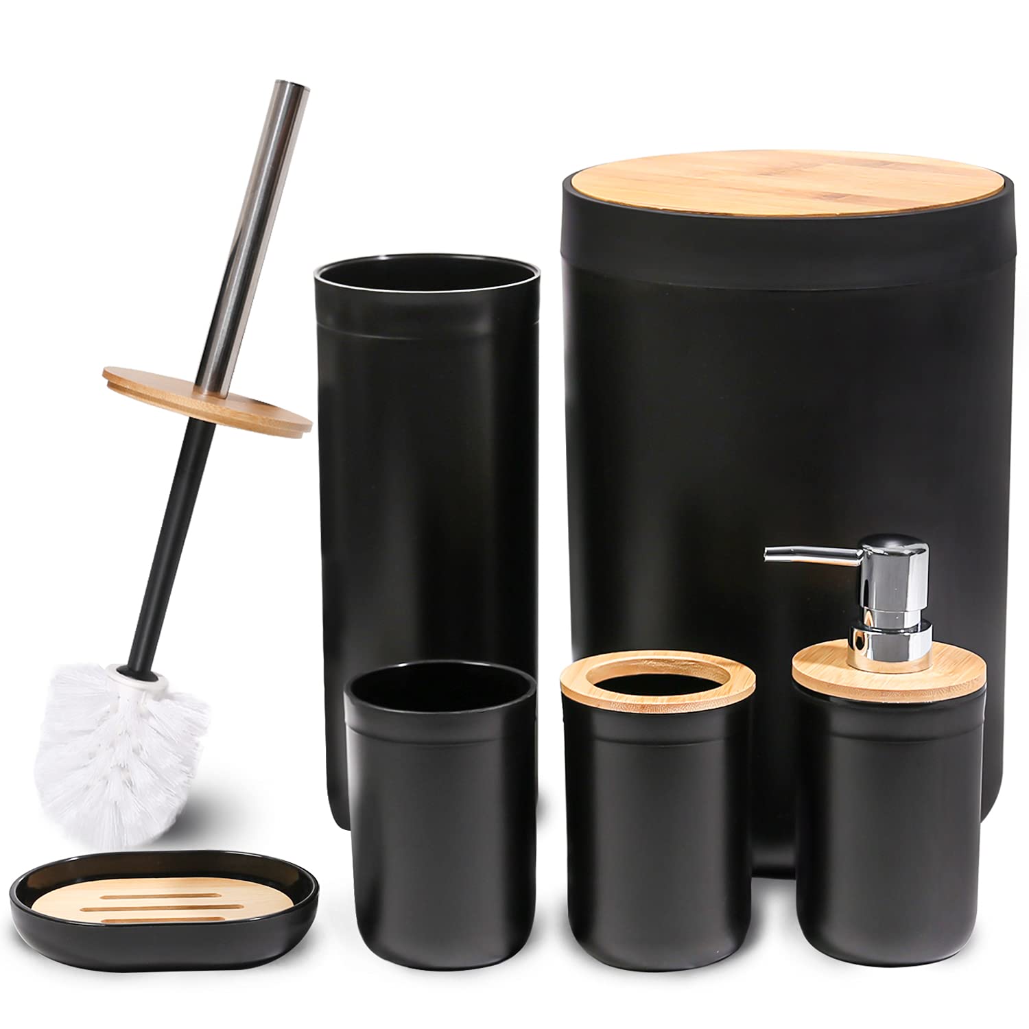 CERBIOR 6-Piece Bamboo Bathroom Accessory Set - Soap Dish, Toothbrush Holder, Rinse Cup, Lotion Bottle, Trash Can & Toilet Brush - Eco-Friendly Bathroom Organizer for Home, Apartment or Guest Bathroom - Black