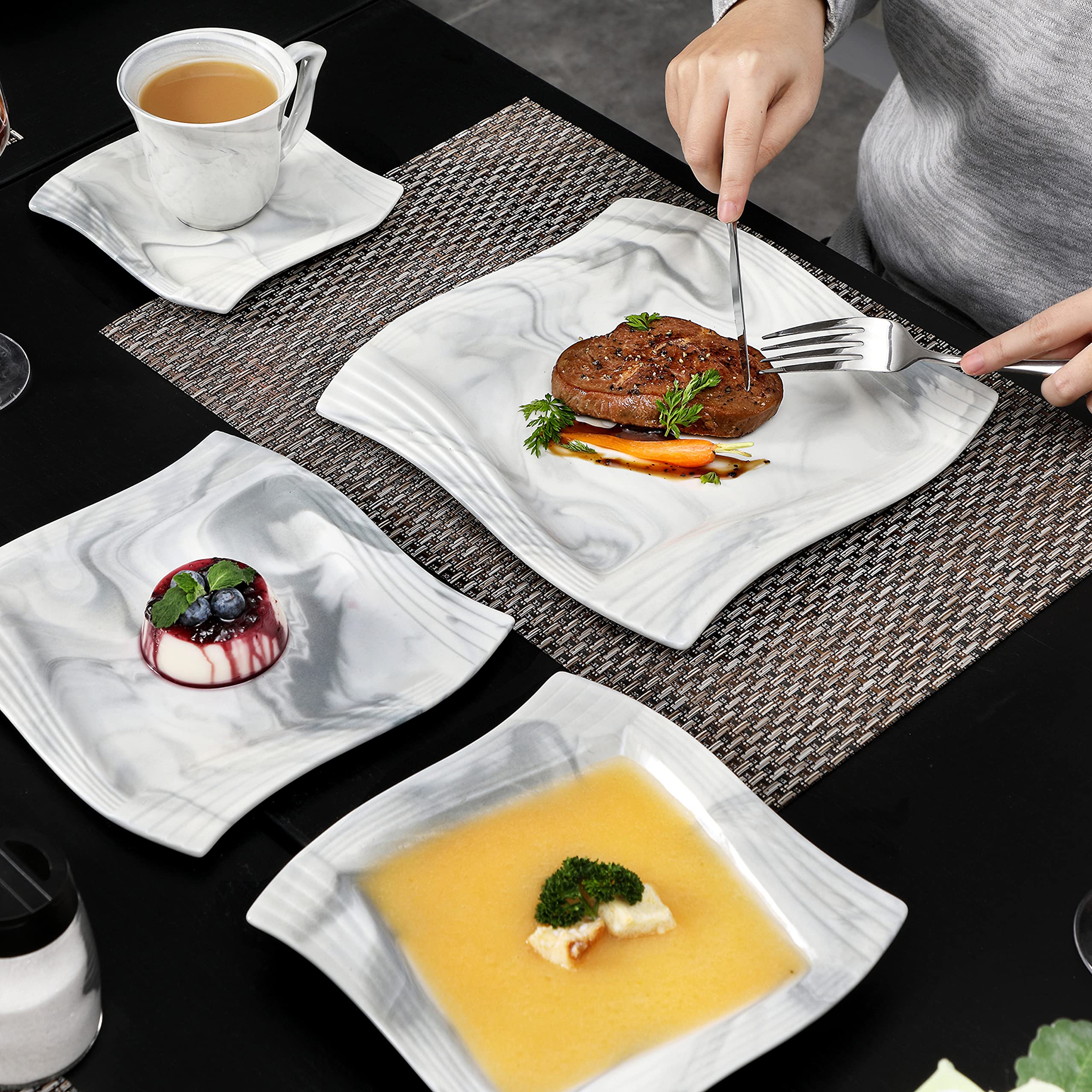 MALACASA 30-Piece Marble Gray Porcelain Dinnerware Set - Plates, Bowls, Cups & Saucers for 6 - Elegant Serving Dishes for Dining, Entertaining & Special Occasions - Amparo Series