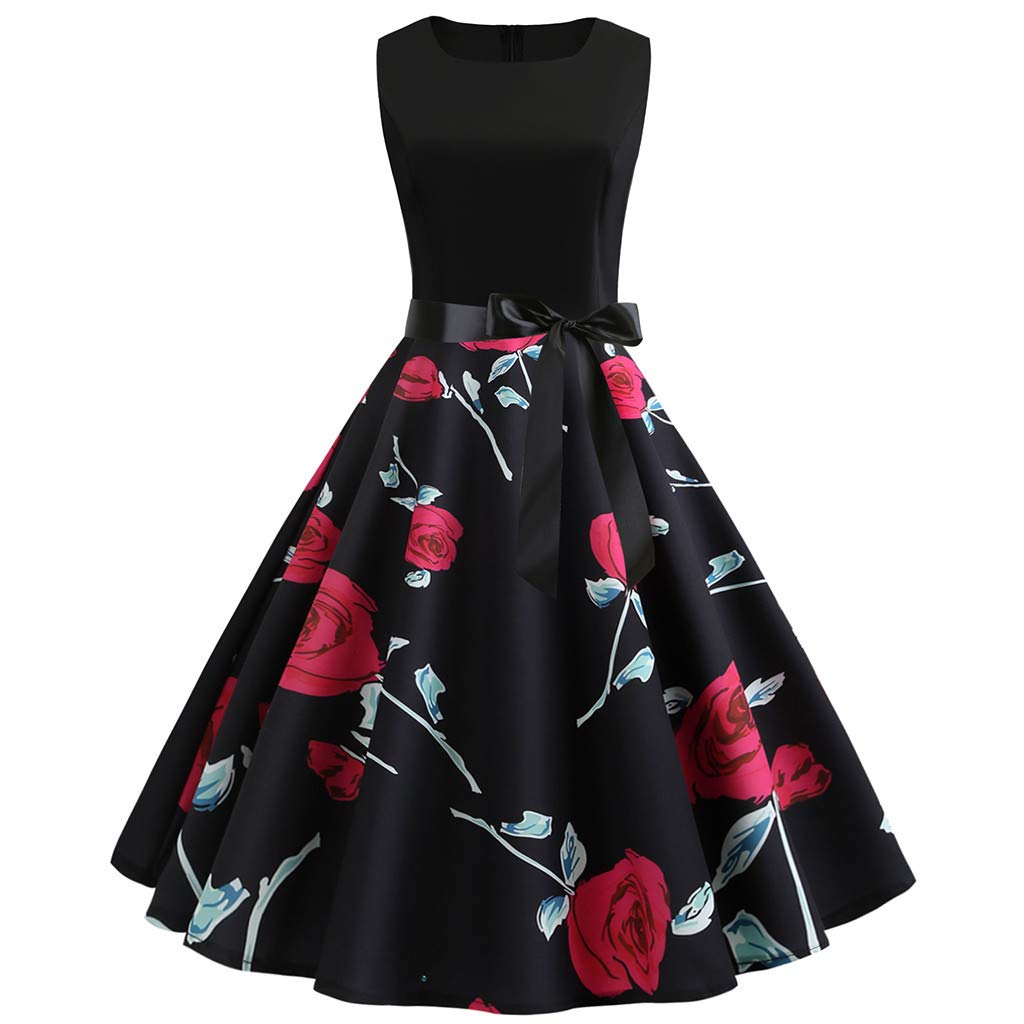 Vintage 1950s Retro Print Swing Dress for Women - Sleeveless Prom Evening Party Dress with Floral Neckline - Perfect for Summer Weddings, Cocktail Parties & Date Nights