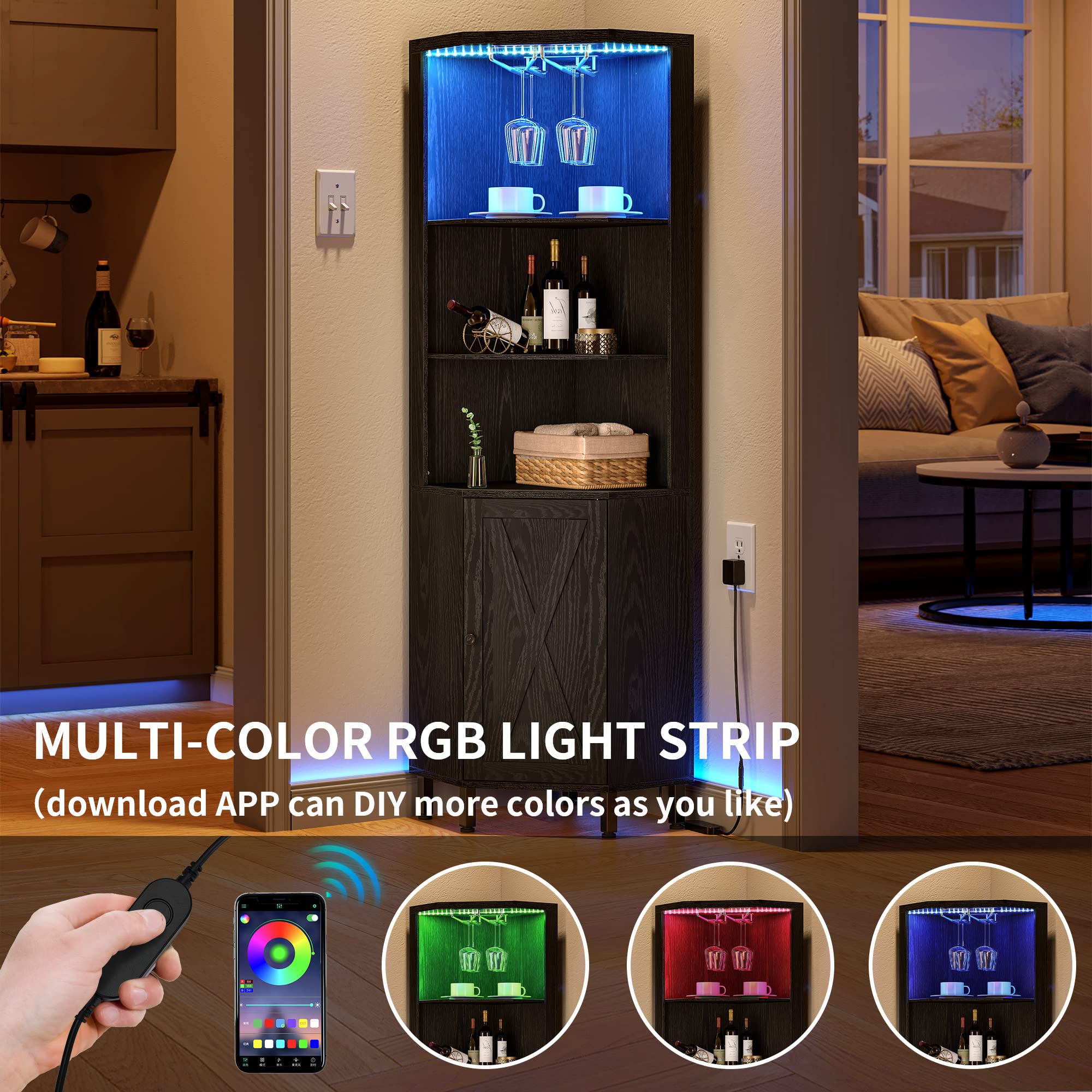YITAHOME 5-Tier Corner Bar Cabinet with LED Lights & Glass Holder - Wine Rack Storage Shelf for Living Room, Dining Room, Kitchen - Black - Perfect for Home Bars, Entertaining Guests & Displaying Liquor Collections