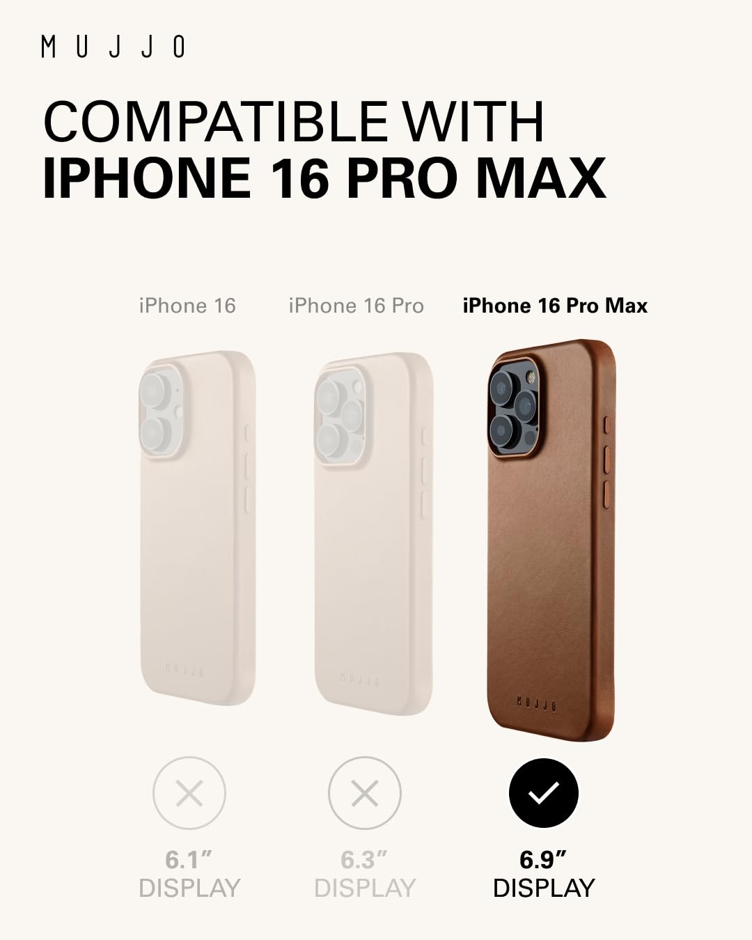Mujjo Premium European Leather Phone Case for iPhone 16 Pro Max - MagSafe Compatible, Slim Protective Cover with Enhanced Camera Protection | Recycled Eco-Friendly Materials | Tan Brown | Perfect for Work, Travel & Everyday Use
