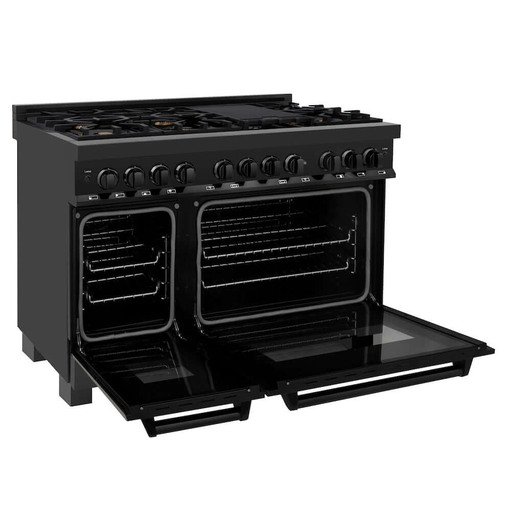 ZLINE 48-Inch 6.0 cu. ft. Dual Fuel Range with Gas Cooktop & 2 Electric Ovens - Black Stainless Steel with 6 Brass Burners (RAB BR 48) | Professional Kitchen Appliance for Home Chefs & Cooking Enthusiasts