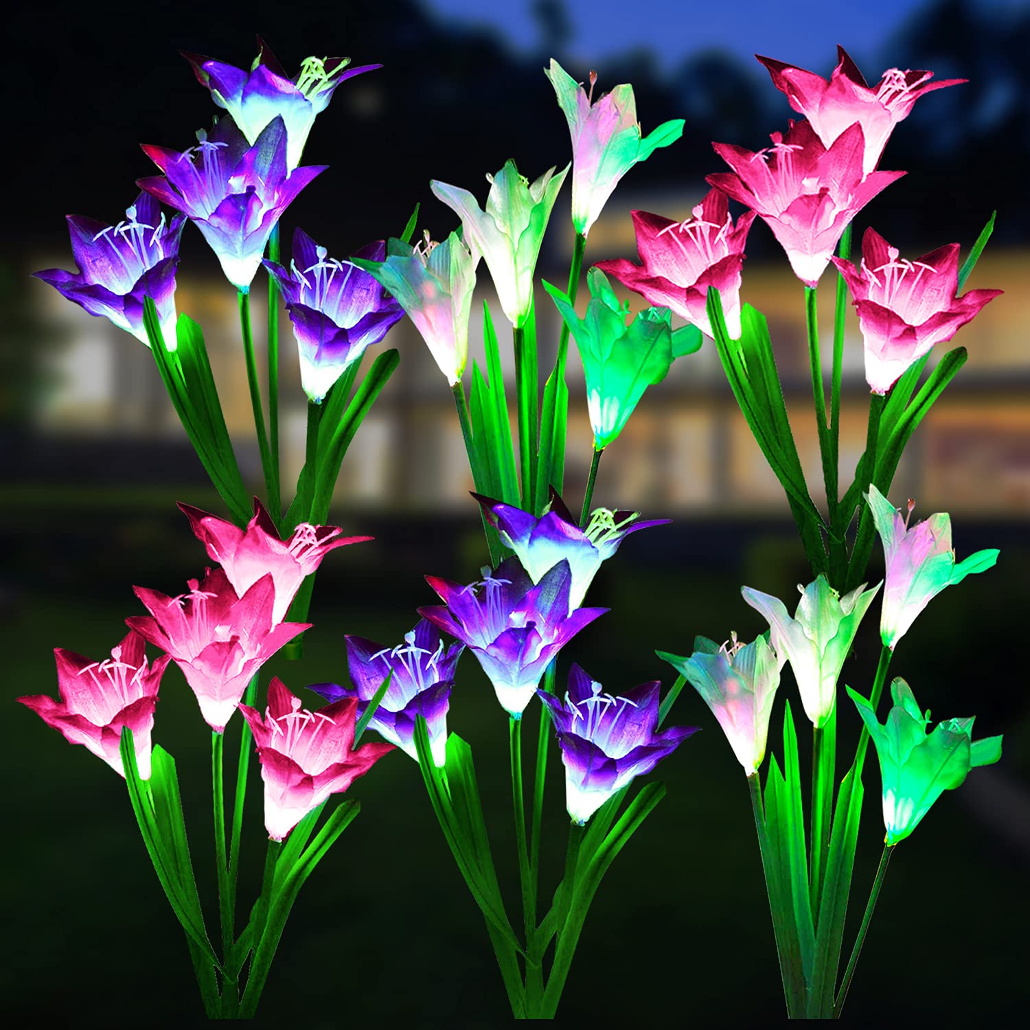 WdtPro 6 Pack Solar Garden Lights Outdoor - Waterproof Multi-Color Changing LED Landscape Lights with 24 Lily Flowers, Solar Powered for Yard, Patio, Pathway & Garden Decoration | Perfect for Evening Ambience, Backyard Parties & Landscape Lighting