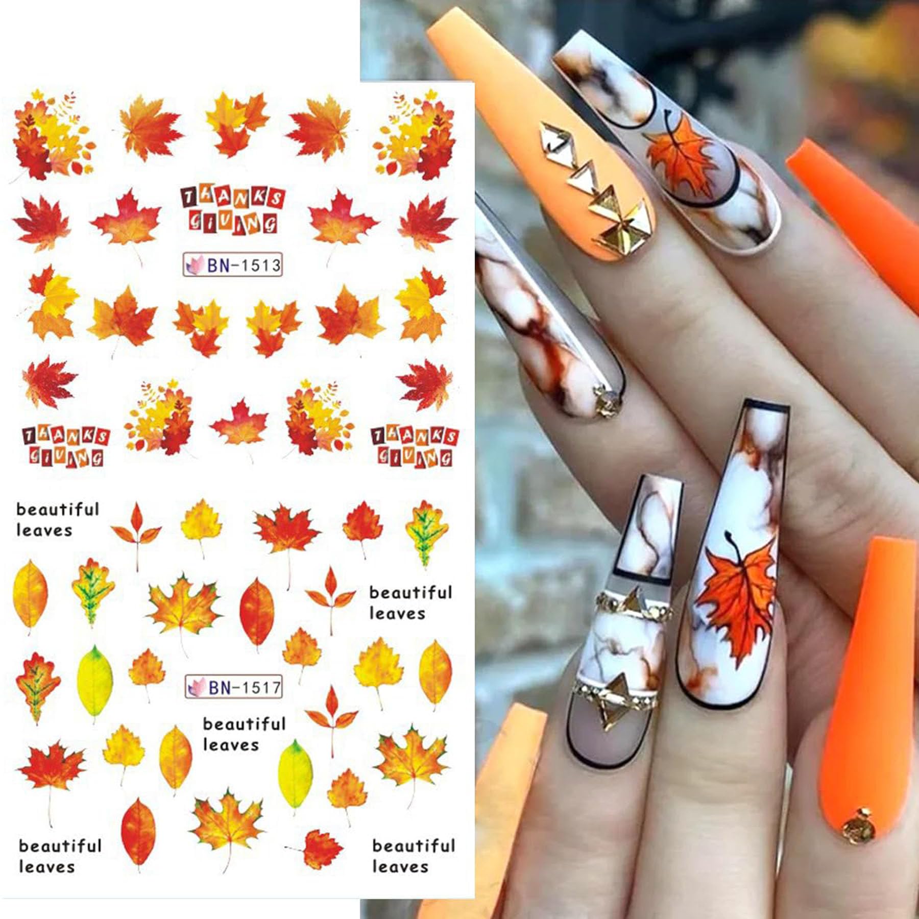 12PCS Fall Nail Art Stickers - 3D Autumn Leaves & Pumpkin Water Transfer Decals, Self-Adhesive Nail Art Supplies for Halloween, Thanksgiving, Seasonal Manicures & DIY Nail Designs