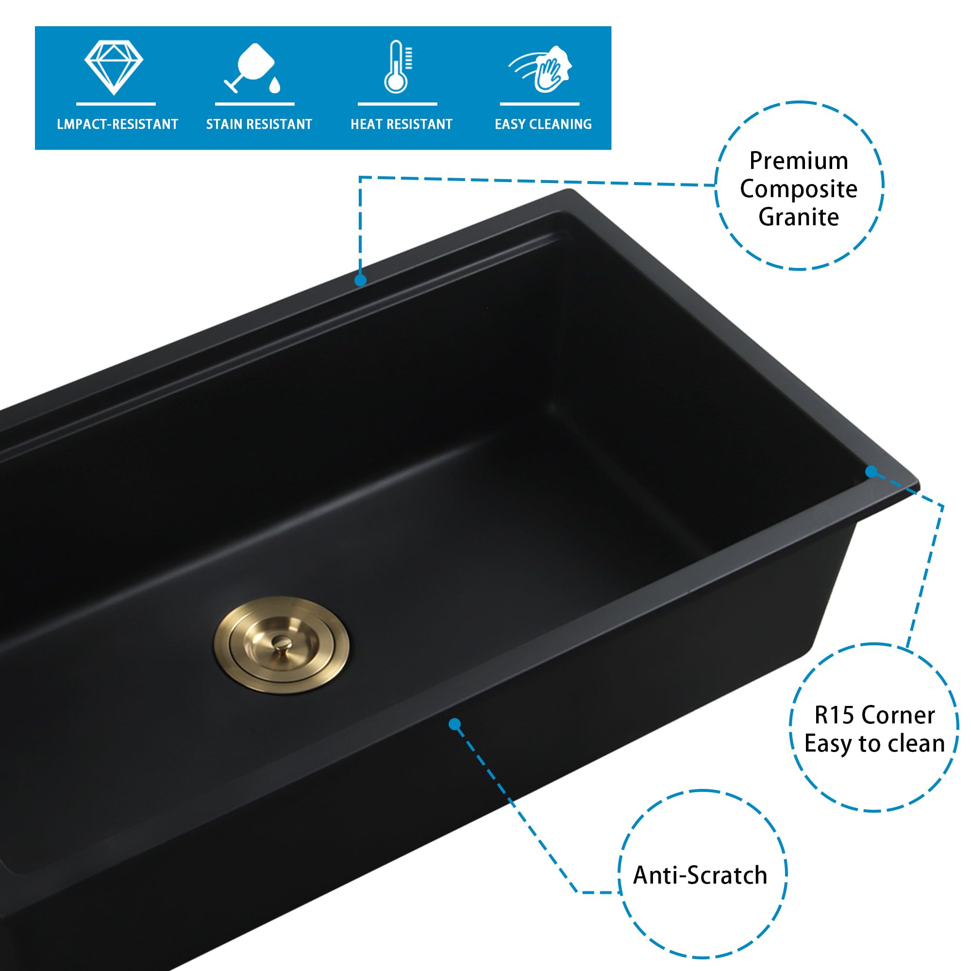 25-Inch Black Undermount Kitchen Sink - Large Deep Quartz Composite Single Bowl Workstation with Accessories - Perfect for Utility, Laundry & Heavy-Duty Cooking - Durable & Stylish (25.59