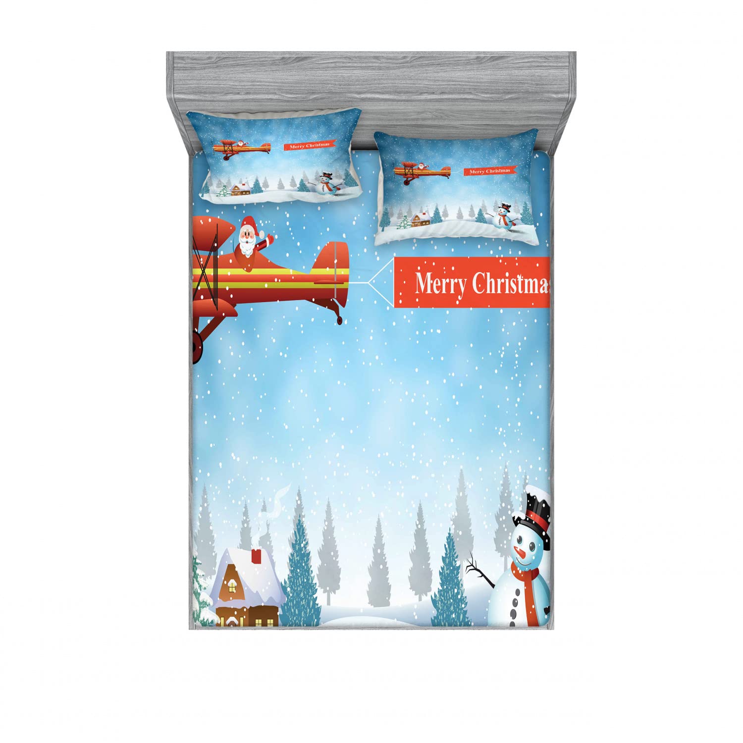 Ambesonne Christmas 2-Pack Queen Size Fitted Sheet & Pillow Sham Set - Santa, Plane & Snowman Holiday Bedding (2 Fitted Sheets + 4 Pillow Covers) - Blue & Orange Festive Decor for Bedroom, Guest Room & Holiday Parties