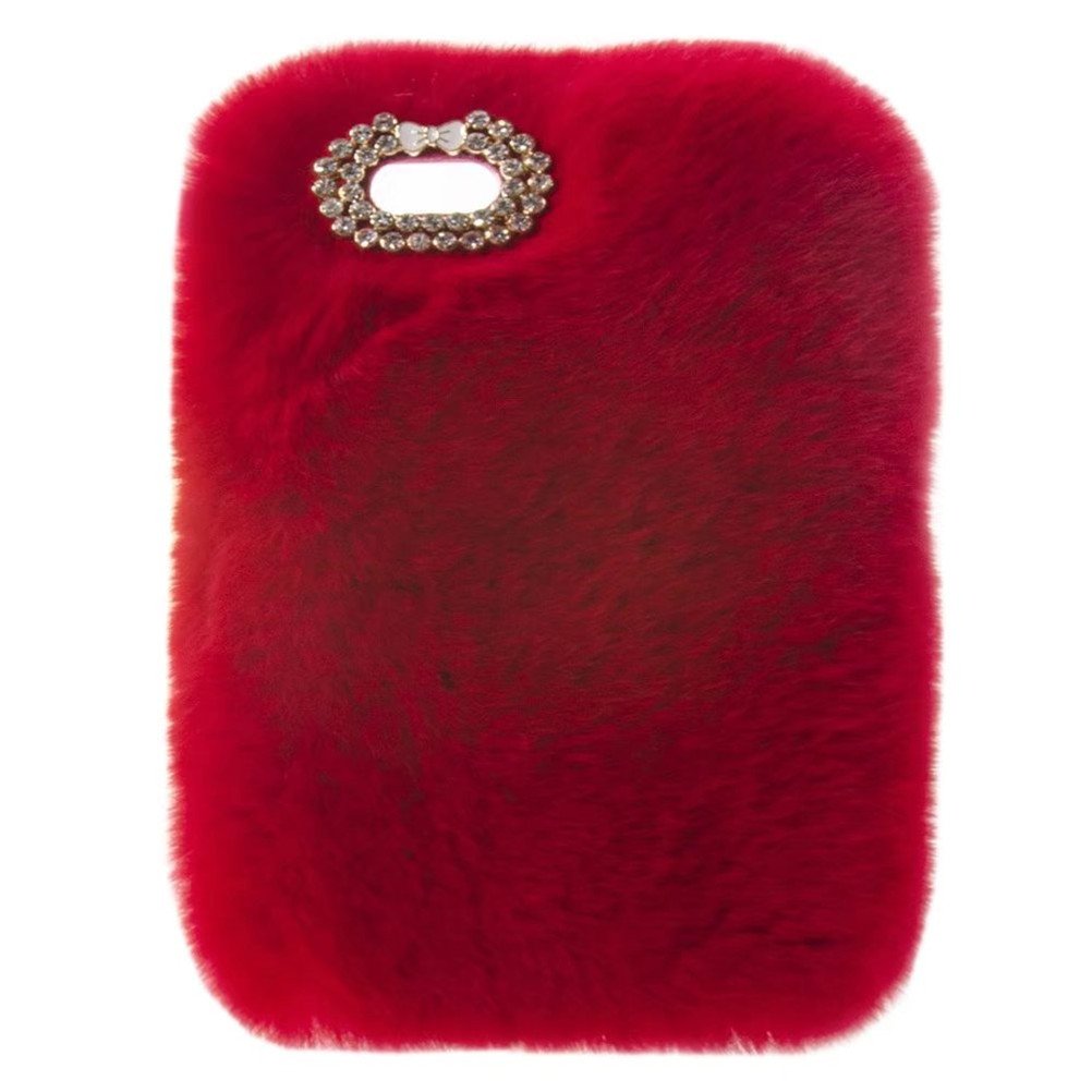 Luxury Diamond Bowknot Fluffy Furry Case for iPad 6/Air 2 - Winter Warm Beaver Rex Rabbit Fur Cover with Pendant - Perfect for Home, Office & Travel (Red)