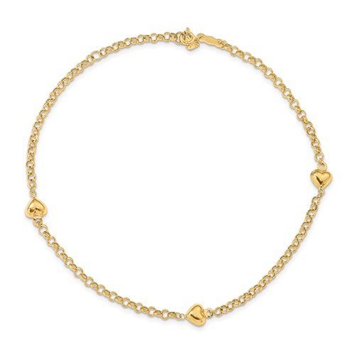 14K Yellow Gold Puff Heart Cable Chain Anklet - Elegant & Dainty Jewelry for Women, Perfect for Everyday Wear, Gifts & Special Occasions
