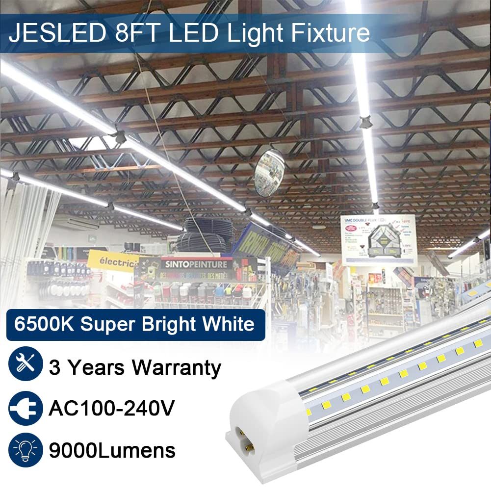 JESLED 8FT LED Shop Light, 72W 6500K Cool White 9000LM High Output V-Shape T8 Linkable Tube Lights - 6 Pack for Garage, Warehouse, Workshop - Plug & Play with Clear Cover - Ideal for Industrial, Commercial & Home Workspaces