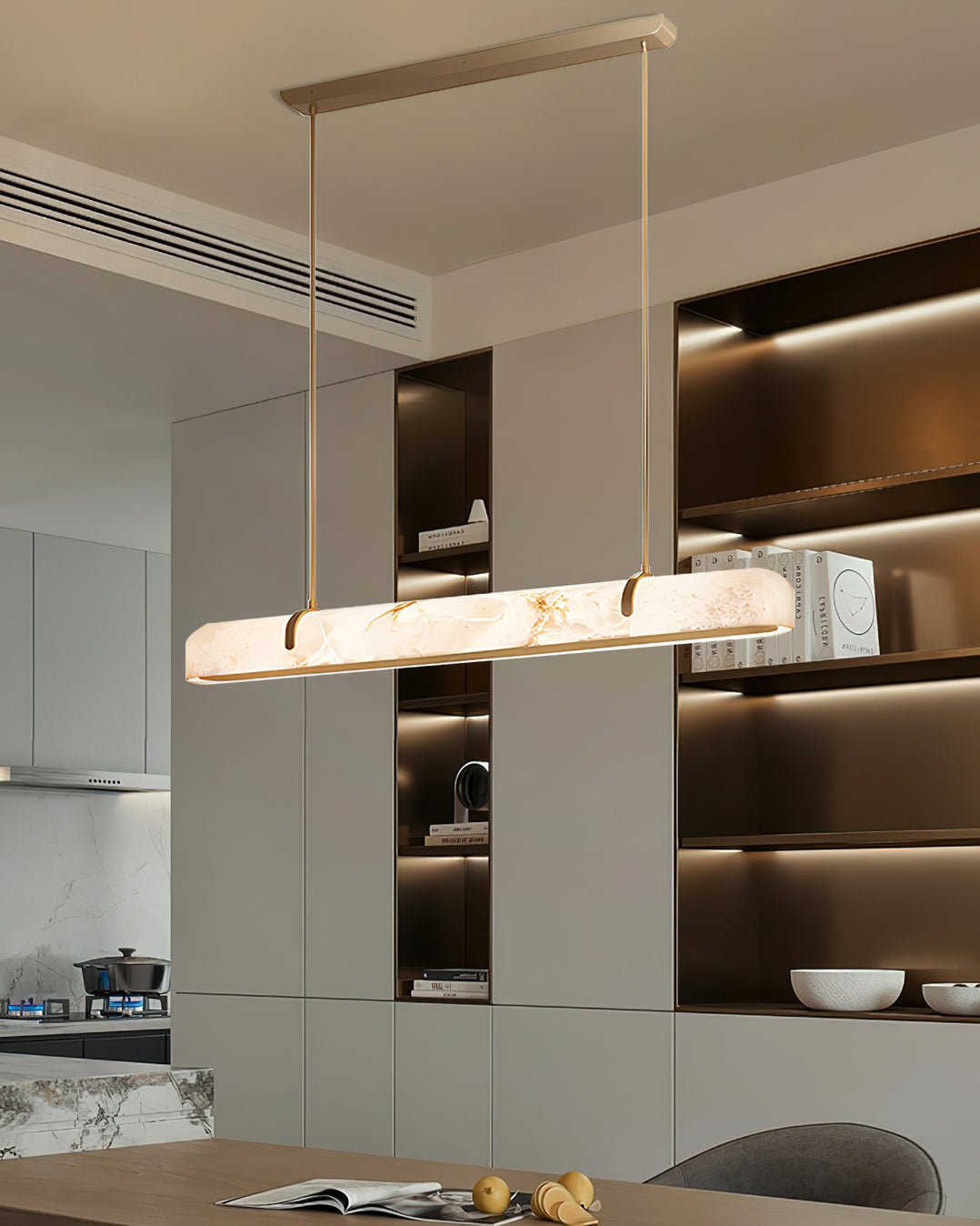 Modern Linear Alabaster Chandelier - Elegant White Crystal Pendant Light Fixture for Dining Room, Living Room & Bedroom Lighting