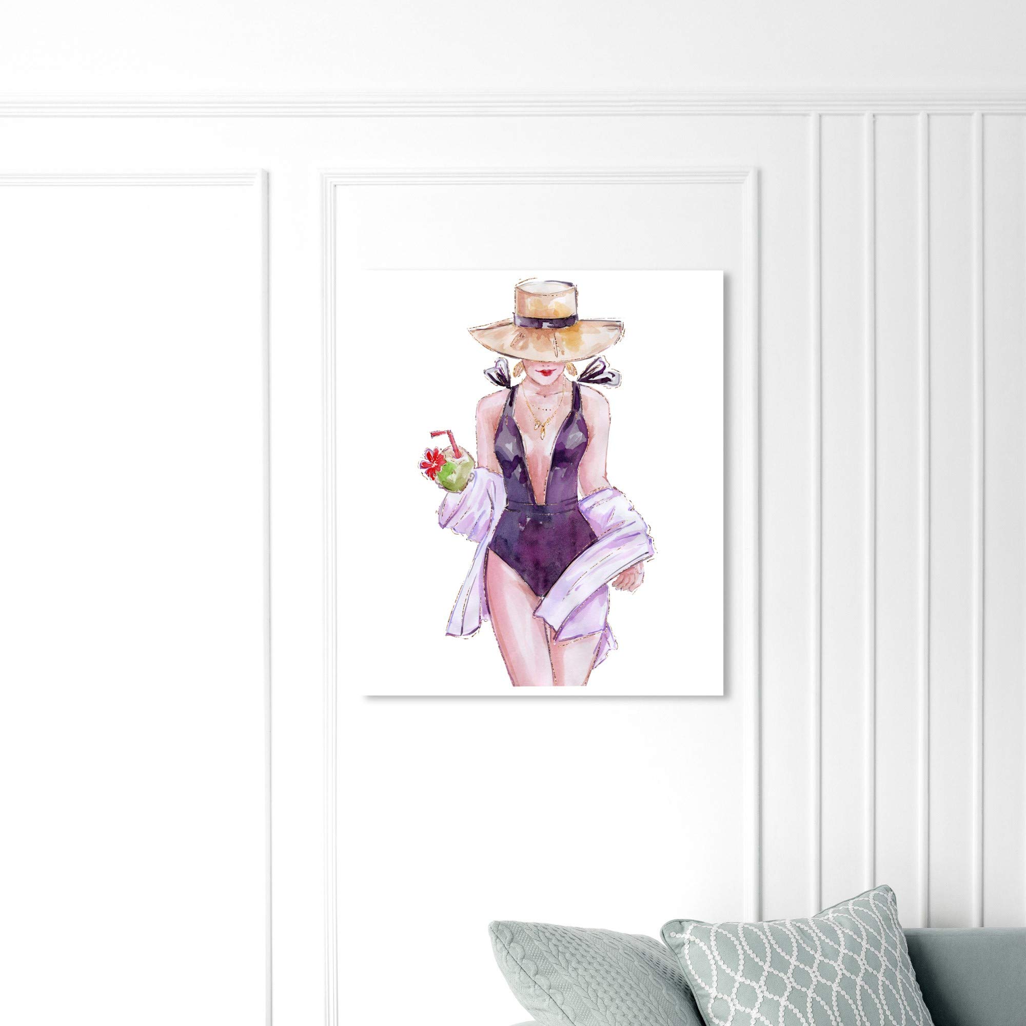 Oliver Gal Artist Co. Summer and Cocktail Swimsuit Wall Art Canvas Print - Fashion & Glam Home Decor, 30x36 Inches, Purple & White - Perfect for Beach House, Bathroom, or Bedroom Decor