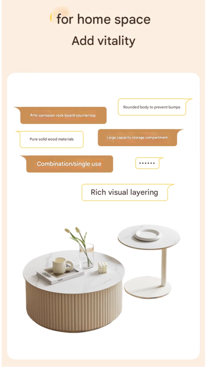 Birch Solid Wood Cream Style Rock Plate Coffee Table - Modern Scandinavian Living Room Furniture for Small Spaces, Home Decor, and Cozy Gatherings
