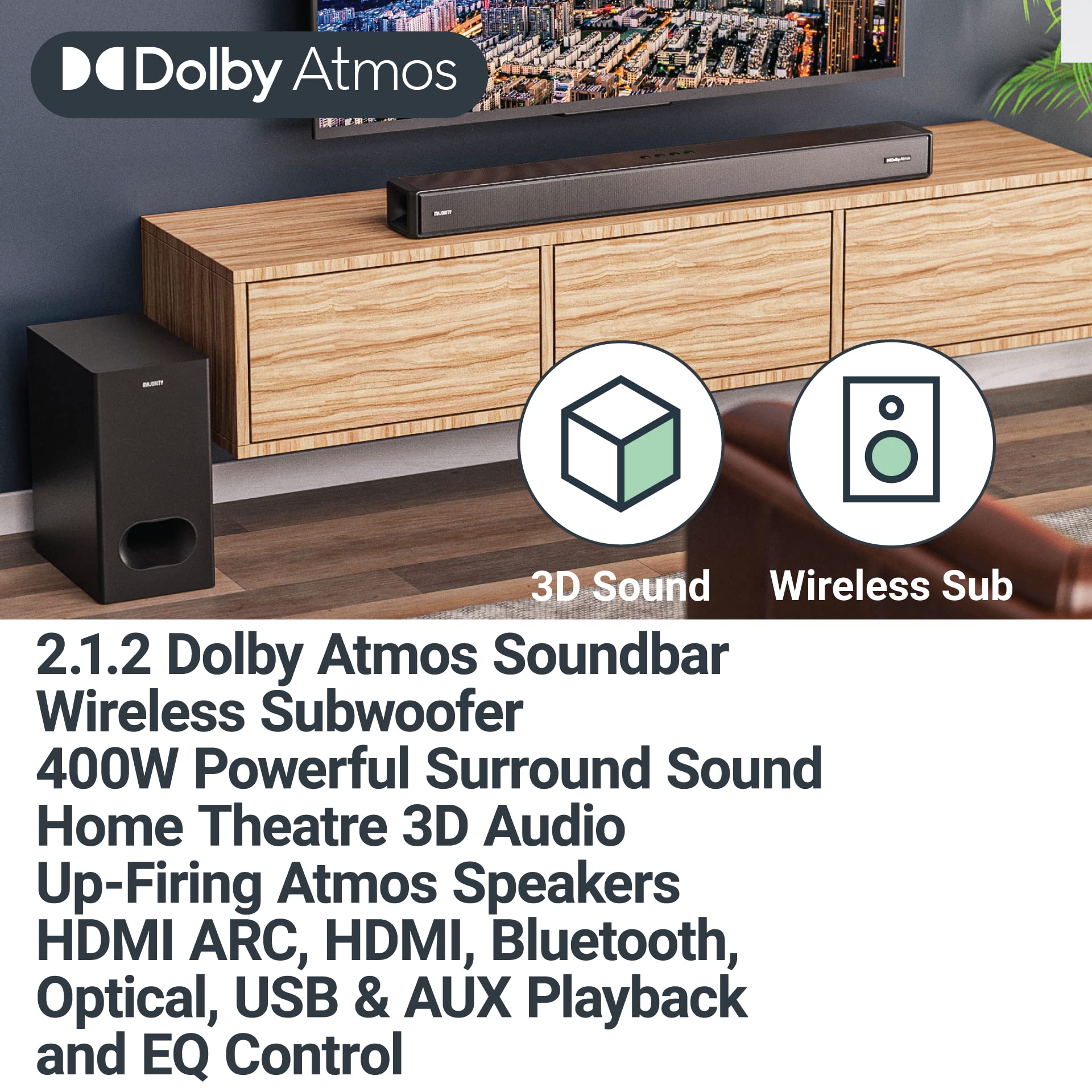 Majority Sierra 2.1.2 Dolby Atmos Soundbar with Wireless Subwoofer - 400W Powerful TV Sound Bar for Home Theater | 3D Audio with Up-Firing Atmos Speakers | HDMI ARC, Bluetooth, USB & AUX | Perfect for Movie Nights & Gaming Setup