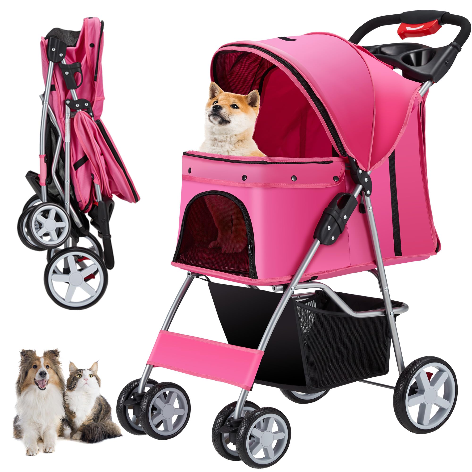 4 Wheels Foldable Pet Stroller for Small & Medium Dogs Cats (10-33 lbs) - Lightweight Dog Cat Carrier with Cup Holder, Storage Basket & Breathable Mesh - All-Season Pet Strolling Cart (Pink) - Perfect for Park Walks, Vet Visits & Shopping Trips