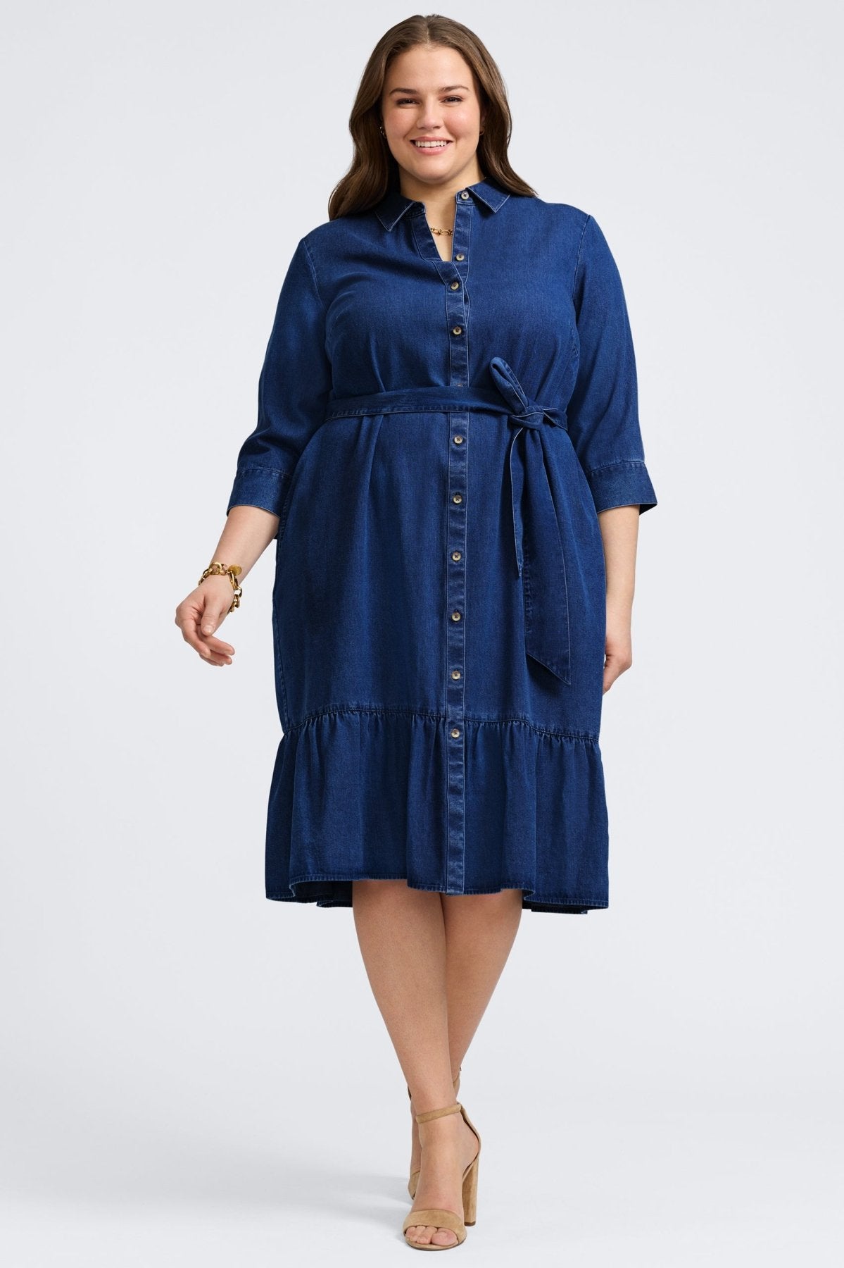 Stylish Ivy Plus Tencel® Denim 3/4 Sleeve Midi Dress for Women | Comfortable & Eco-Friendly Casual Outfit | Perfect for Brunch, Office Wear & Summer Evenings