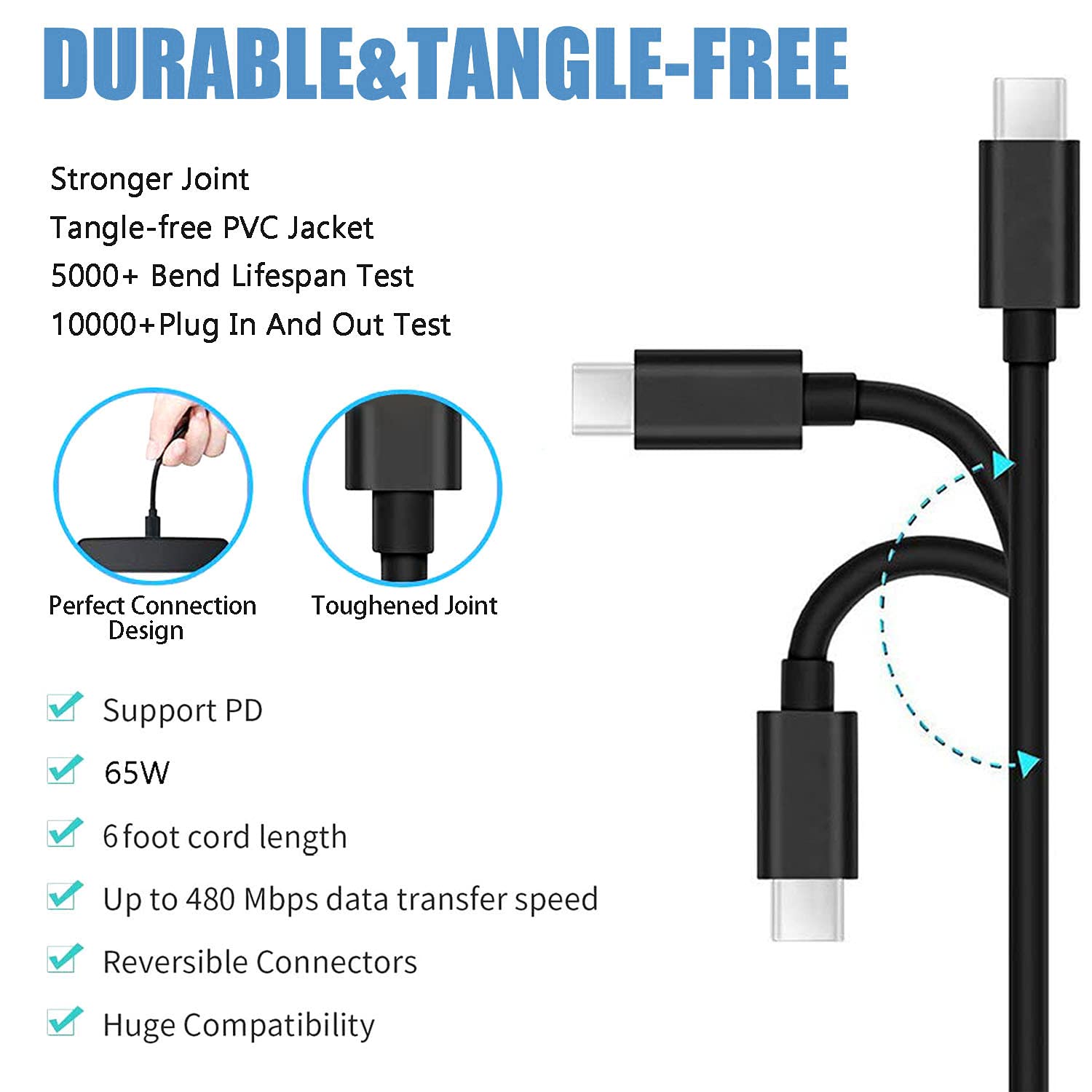 65W USB C Laptop Charger for Lenovo Chromebook & ThinkPad - Compatible with C330, S330, 100e, 300e, Yoga C930/C940, IdeaPad 730s, X1 Carbon, T480/T480s/T570/T580 - Fast Charging AC Power Adapter for Home, Office & Travel