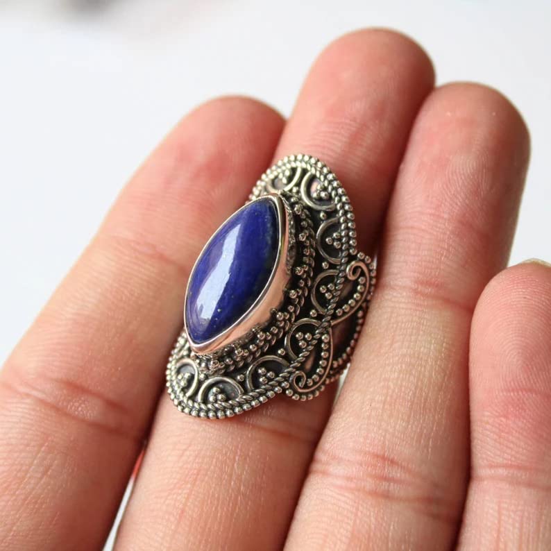 Lapis Lazuli Ring for Women - 925 Sterling Silver Boho Marquise Gemstone Ring | Handmade Blue Stone Statement Jewelry | Victorian Wedding Promise Ring, Mermaid Gift for Her/Him | Perfect for Boho Fashion, Bridal Accessories & Special Occasions