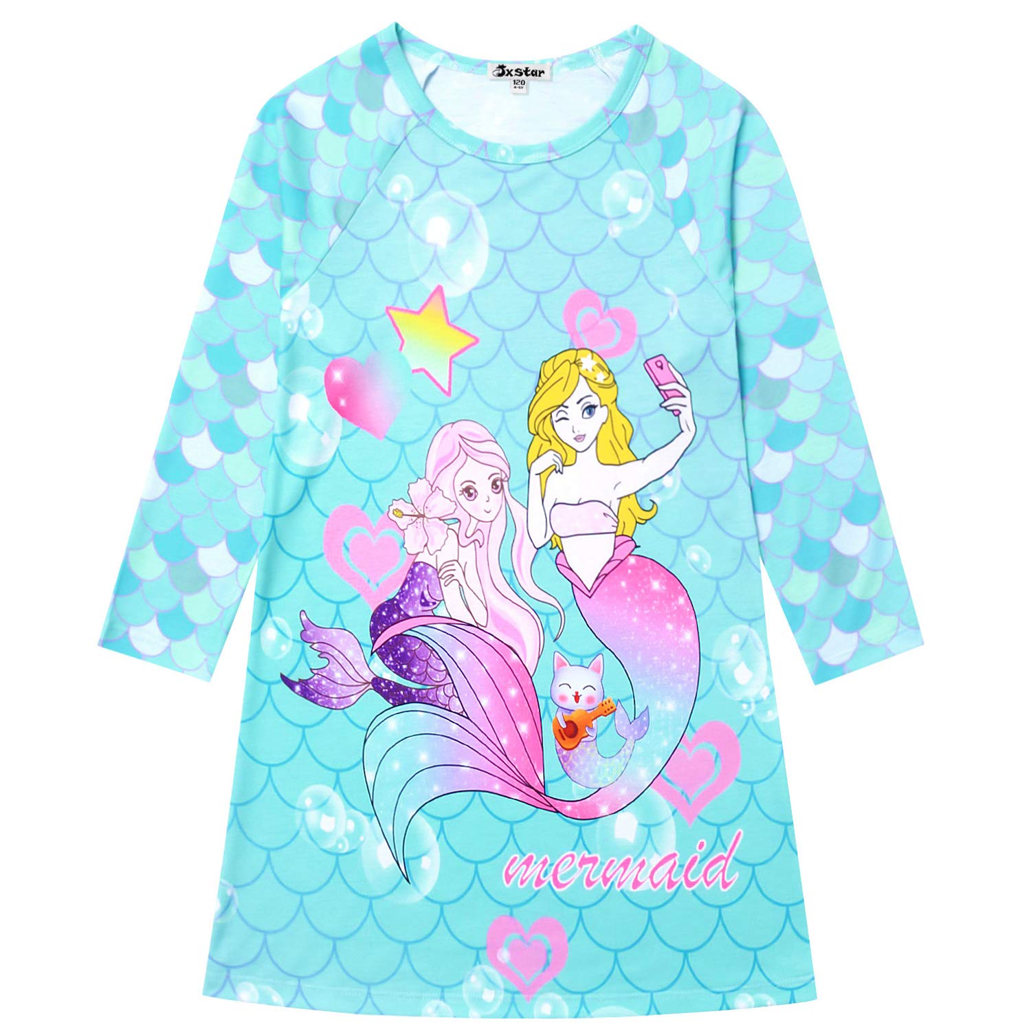 **Jxstar Girls' Long Sleeve Unicorn & Mermaid Cotton Nightgowns - Soft Sleepwear Pajamas for Kids, Perfect for Bedtime, Sleepovers & Cozy Nights**