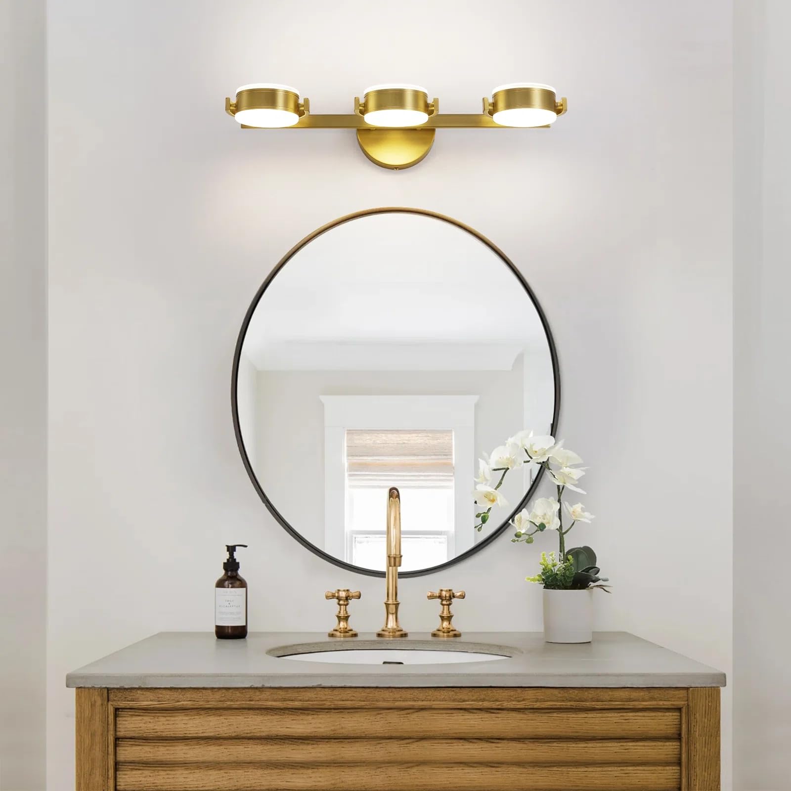 Brushed Gold 3-Light LED Vanity Mirror Lighting - 360° Rotatable 30W Dimmable Wall Mount Fixture (4000K) for Bathroom, Bedroom & Living Room | Modern Vanity Lights for Makeup, Shaving & Home Decor