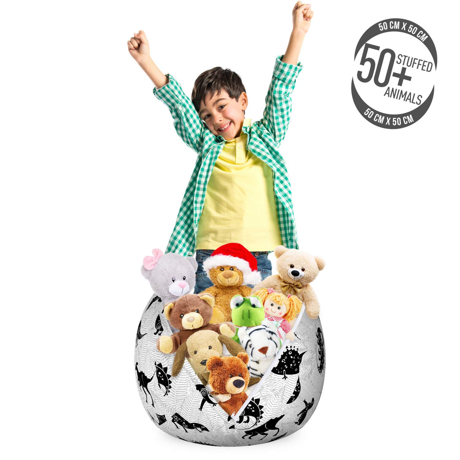 Dinosaur Toy Storage Bag Chair - Washable Stuffed Animal Organizer with Abstract Jurassic Dino Silhouette Design, Charcoal Grey - Perfect for Kids' Room, Playroom & Nursery Organization