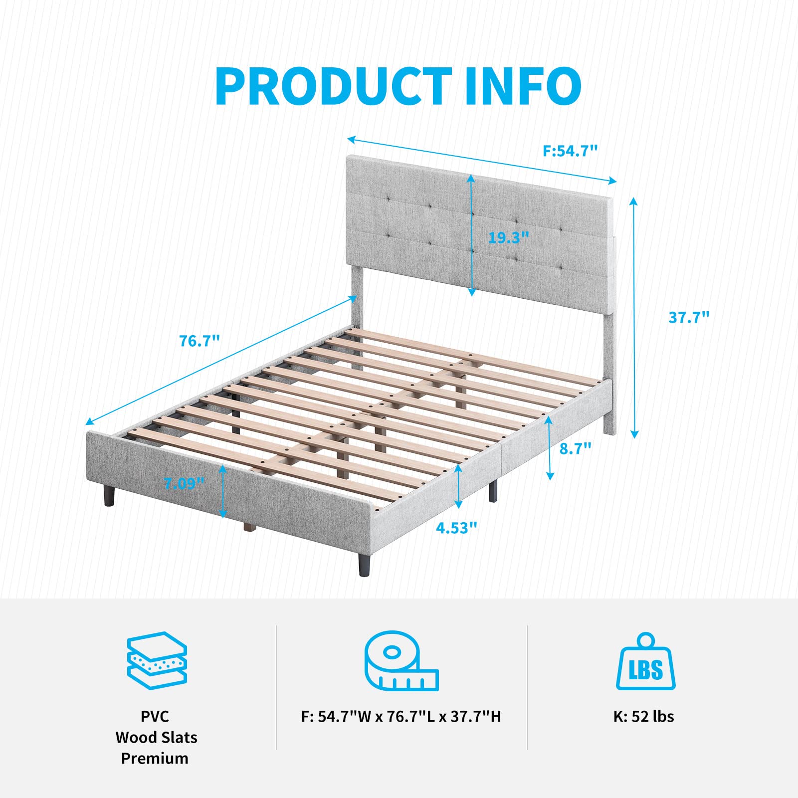 Full Size Bed Frame with Smart RGB LED Lights - Button Tufted Upholstered Platform Bed with Adjustable Headboard, Linen Fabric, No Box Spring Needed (Light Grey) - Perfect for Modern Bedrooms, Gaming Rooms & Teen Rooms