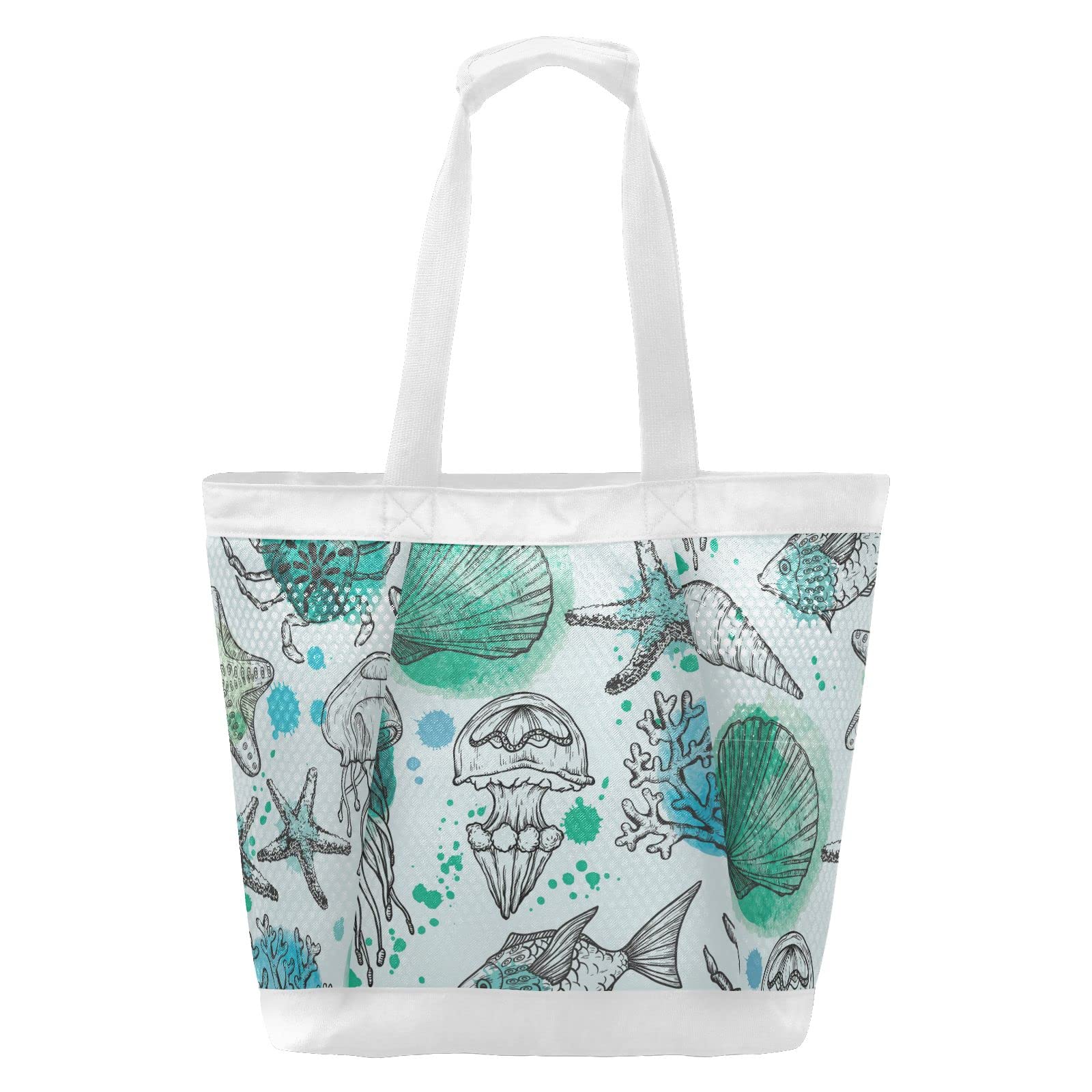 J JOYSAY Large Mesh Beach Tote Bag with Sea Shells & Fish Coral Print - Women's Stylish Top Handle Handbag for Shopping, Gym, Sports & Beach Outings | Perfect for Summer Vacations, Pool Parties & Seaside Adventures