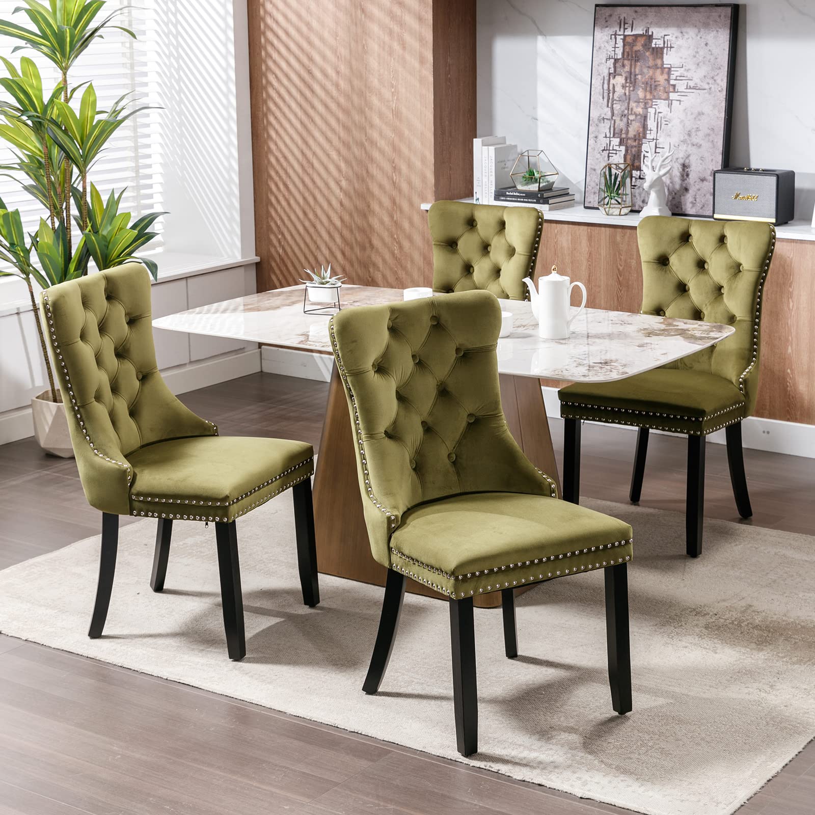Luxury Velvet Dining Chairs Set of 2 - Tufted Upholstered Kitchen & Dining Room Chairs with Solid Wood Frame (Olive Green) - Perfect for Modern Home, Restaurant, and Office Decor