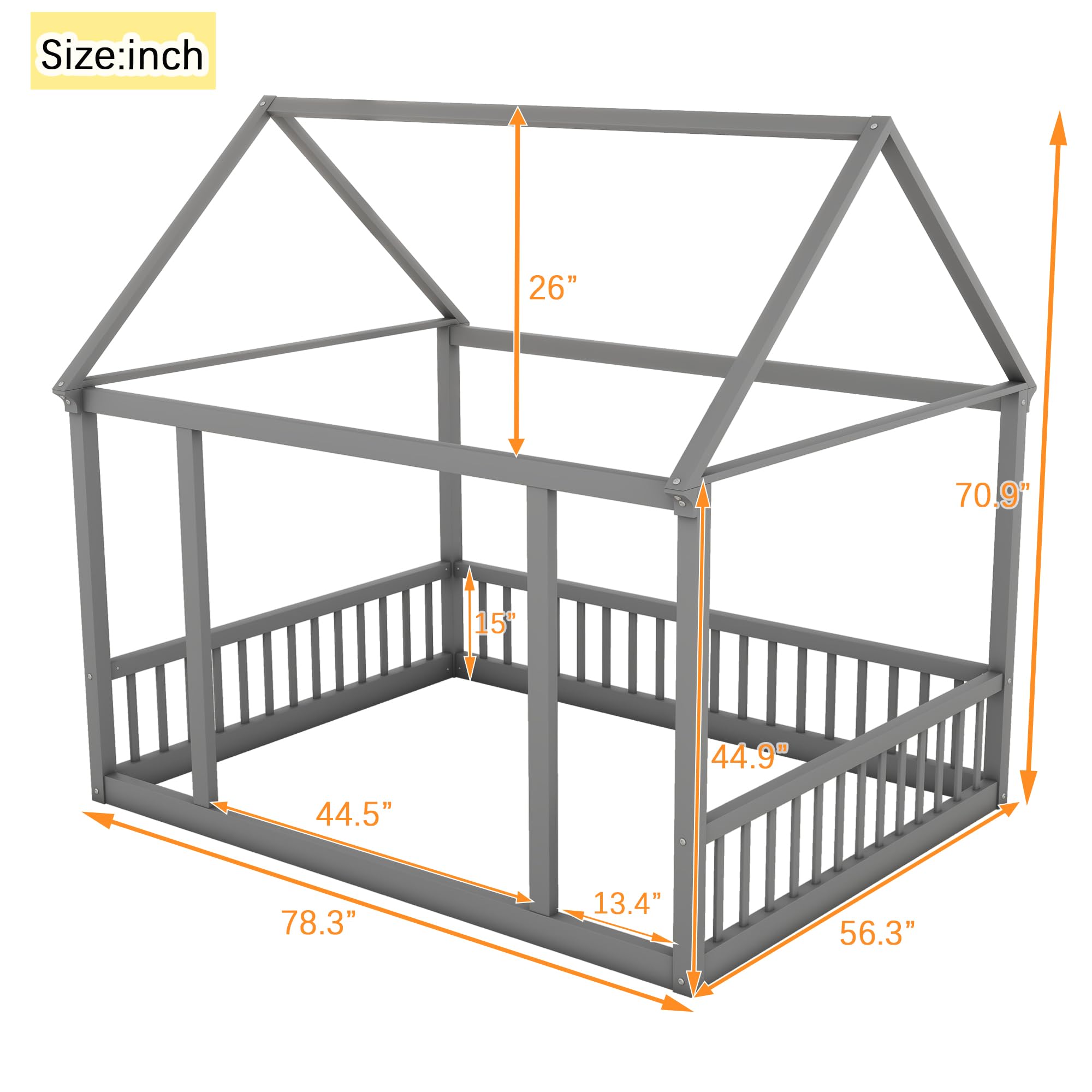 Bellemave Full Size Wooden Floor Bed for Kids - Montessori House Bed Frame with Safety Fence, Playhouse Design for Boys & Girls (Gray) - Perfect for Bedrooms, Playrooms & Montessori Learning Spaces