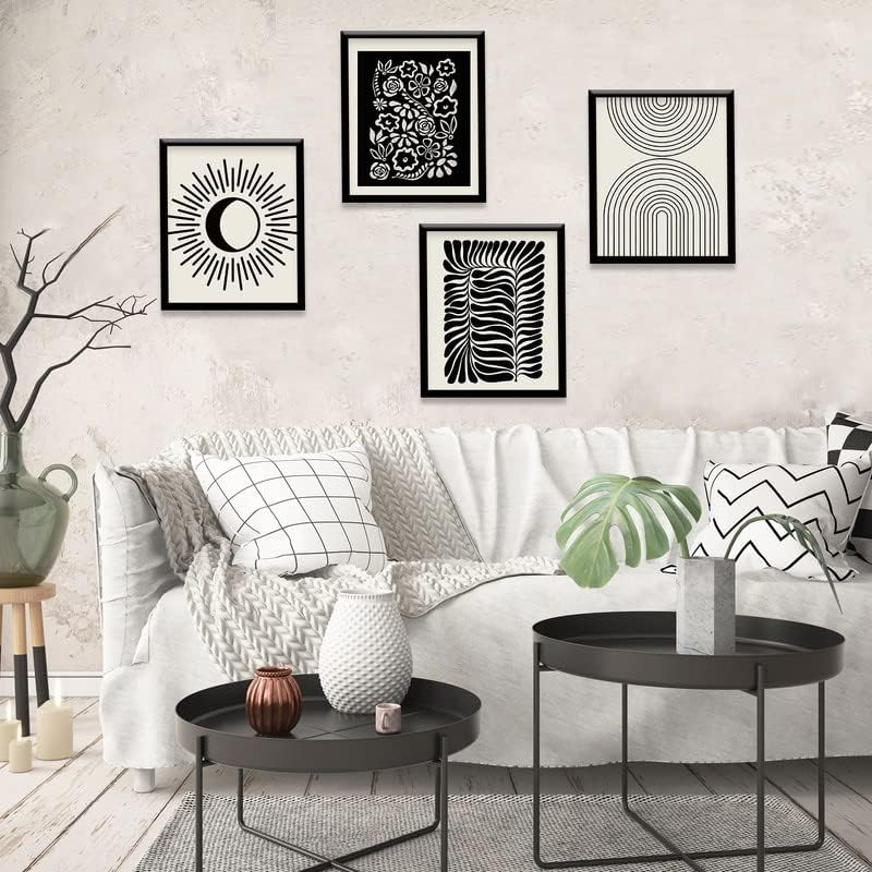 Minimalist Boho Canvas Wall Art Set of 4 - Black & Beige Flower Leaf Line Art Paintings, Mid-Century Modern Gallery Wall Prints for Bedroom, Living Room, Bathroom Decor | Perfect for Boho, Scandinavian & Farmhouse Style Homes