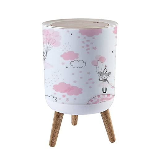 Small Pink Ballerina Trash Can with Lid - Cute Happy Birthday Design, Wooden Legs & Press Cover - Round Waste Bin for Kitchen, Bathroom, Bedroom & Office - Perfect for Kids' Rooms, Birthday Parties & Ballet Themed Decor