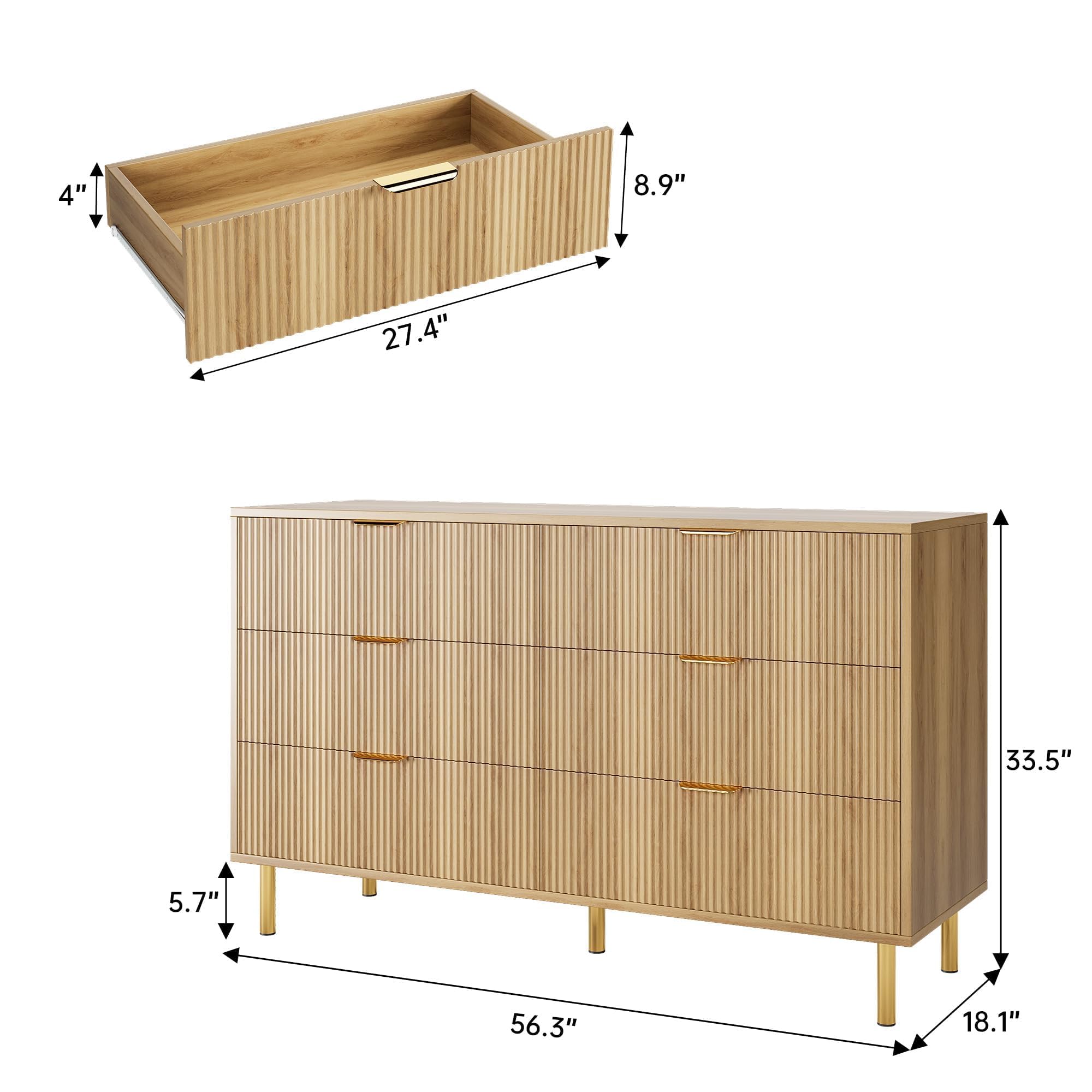 Modern 6-Drawer Wood Dresser with Gold Handles - Natural Finish Double Chest Storage Organizer for Bedroom, Living Room, Hallway & Entryway - Perfect for Home Organization and Stylish Decor