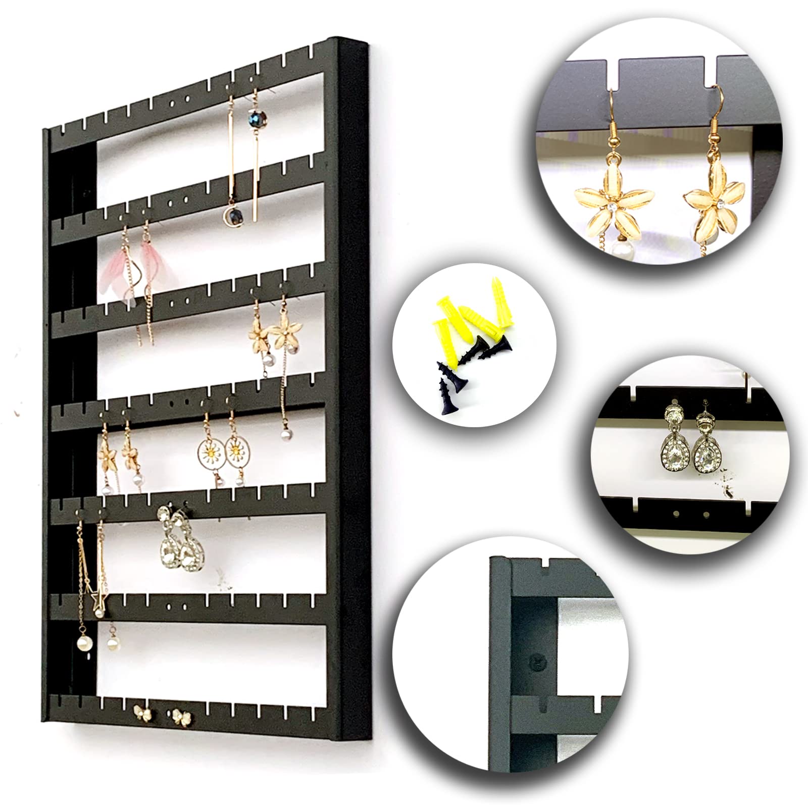 7-Layer Wall Mounted Earring Holder Organizer - Large Capacity Black Metal Ear Stud Display & Storage | Perfect for Jewelry Organization in Bedroom, Bathroom or Dressing Room