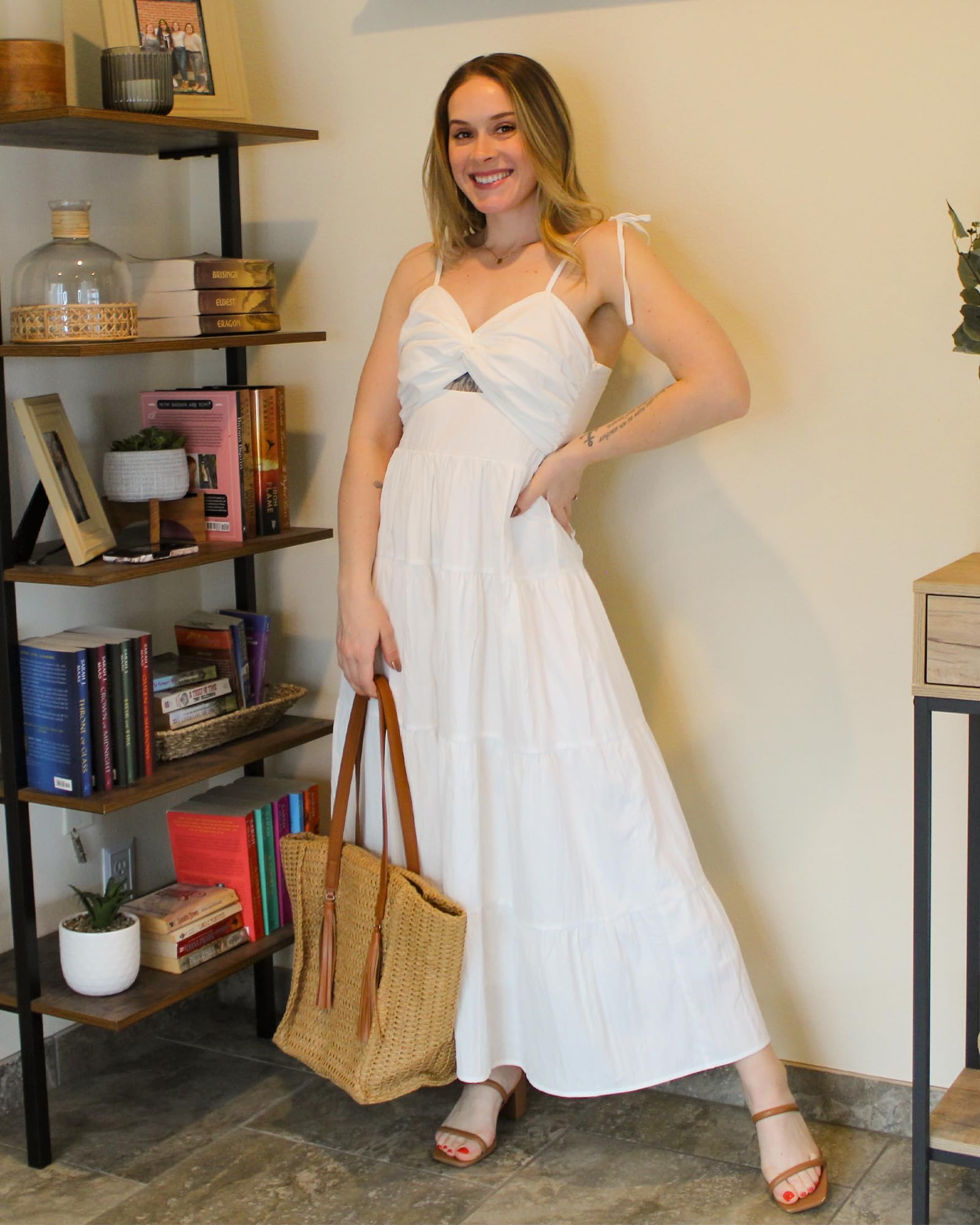 Luvamia Women's Long Flowy Tiered Cut-Out Midi Dress with Self-Tied Spaghetti Straps - Perfect for Summer Vacations, Beach Getaways, and Dinner Dates