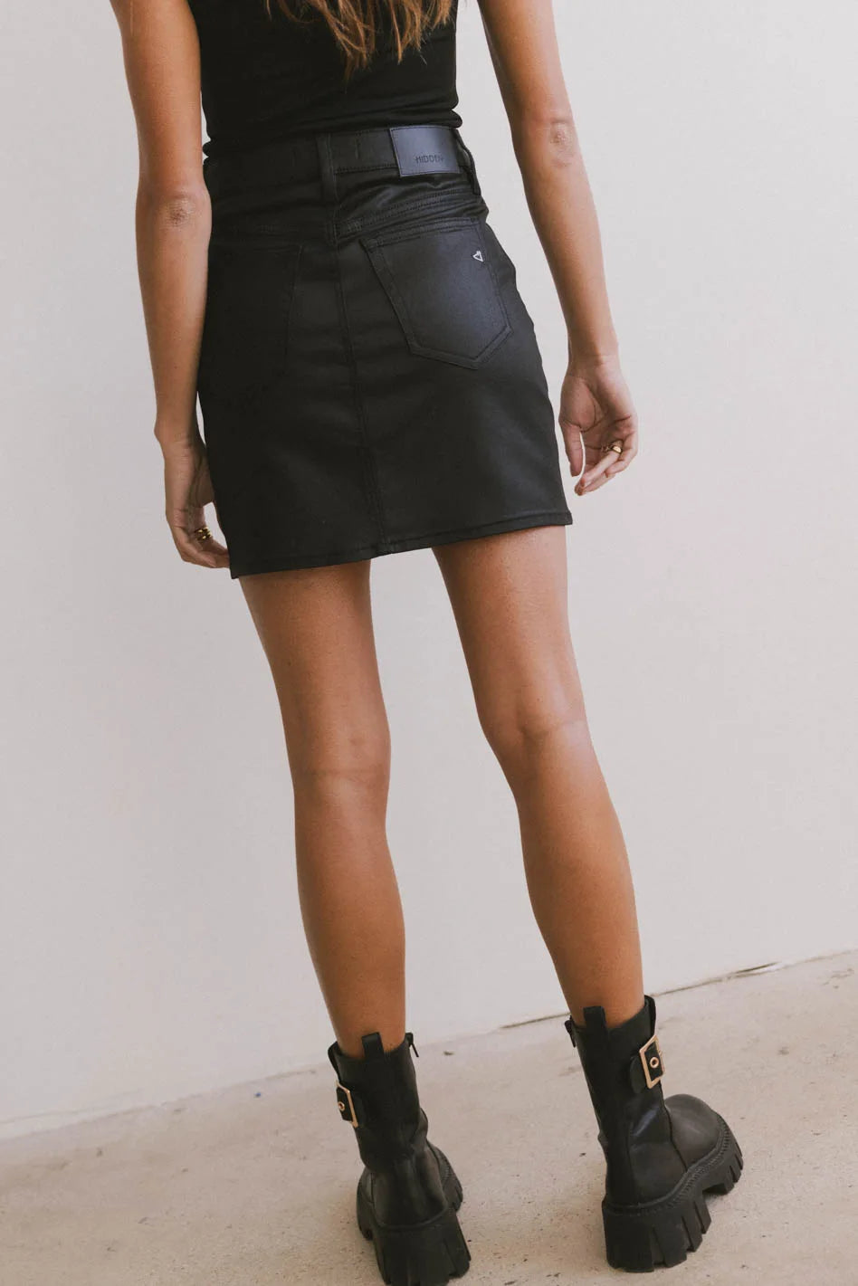 Maddox Coated Denim Mini Skirt for Women - High Waisted Stretch Denim Skirt with Faux Leather Coating | Perfect for Night Out, Party, and Casual Wear | FINAL SALE