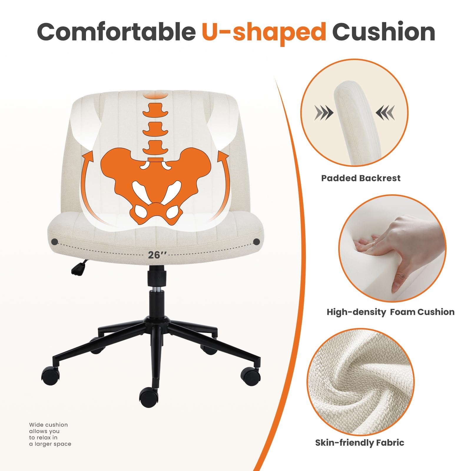 Sweetcrispy Criss Cross Chair Legged Armless Office Desk Chair with Wheels - Swivel Vanity Height Adjustable Wide Seat Computer Task Chair for Home & Office - Beige - Perfect for Workstations, Gaming & Study Spaces