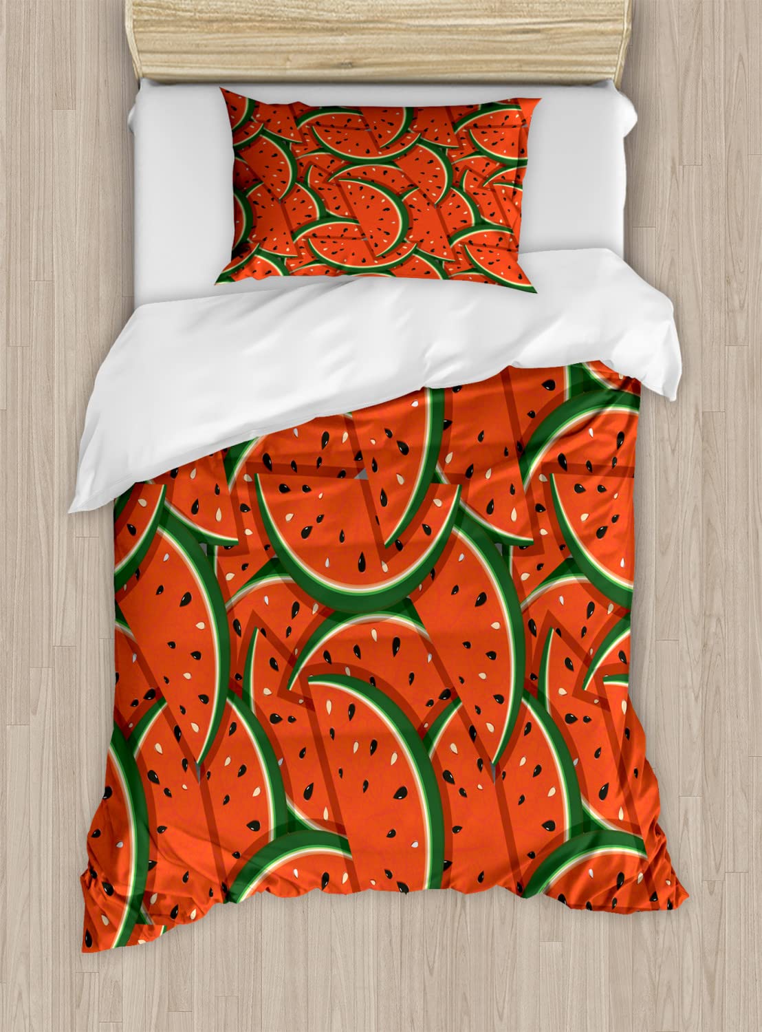 Ambesonne Fruits Duvet Cover Set - King Size 2-Pack with Watermelon Slice Tropical Print, Includes 2 Duvet Covers & 2 Pillowcases in Hunter Green & Red - Perfect for Summer Bedroom Decor, Guest Room Refresh, and Tropical Themed Home Styling