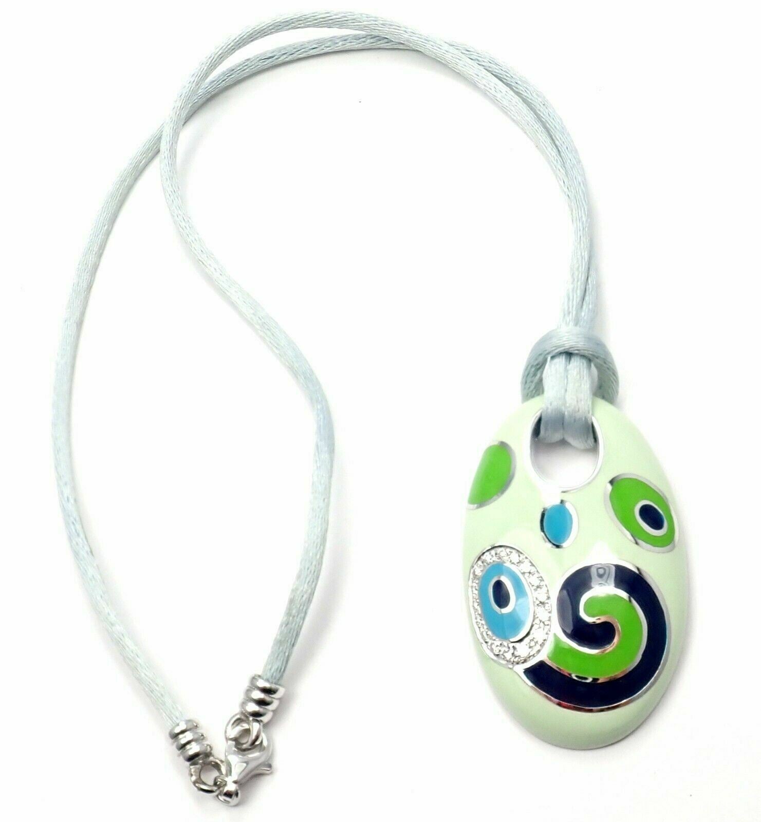 Roberto Coin 18k White Gold Diamond Green Enamel Silk Cord Pendant Necklace for Women - Elegant Jewelry Gift for Birthday, Anniversary & Special Occasions