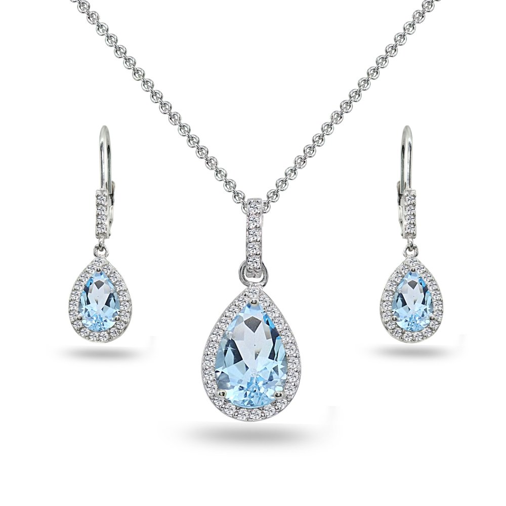 Women's Jewelry Sets - Sterling Silver Birthstone Necklace & Earrings Set with Genuine/Synthetic Gemstones, Teardrop Pendant & Dangle Earrings for Gifts, Anniversary & Special Occasions