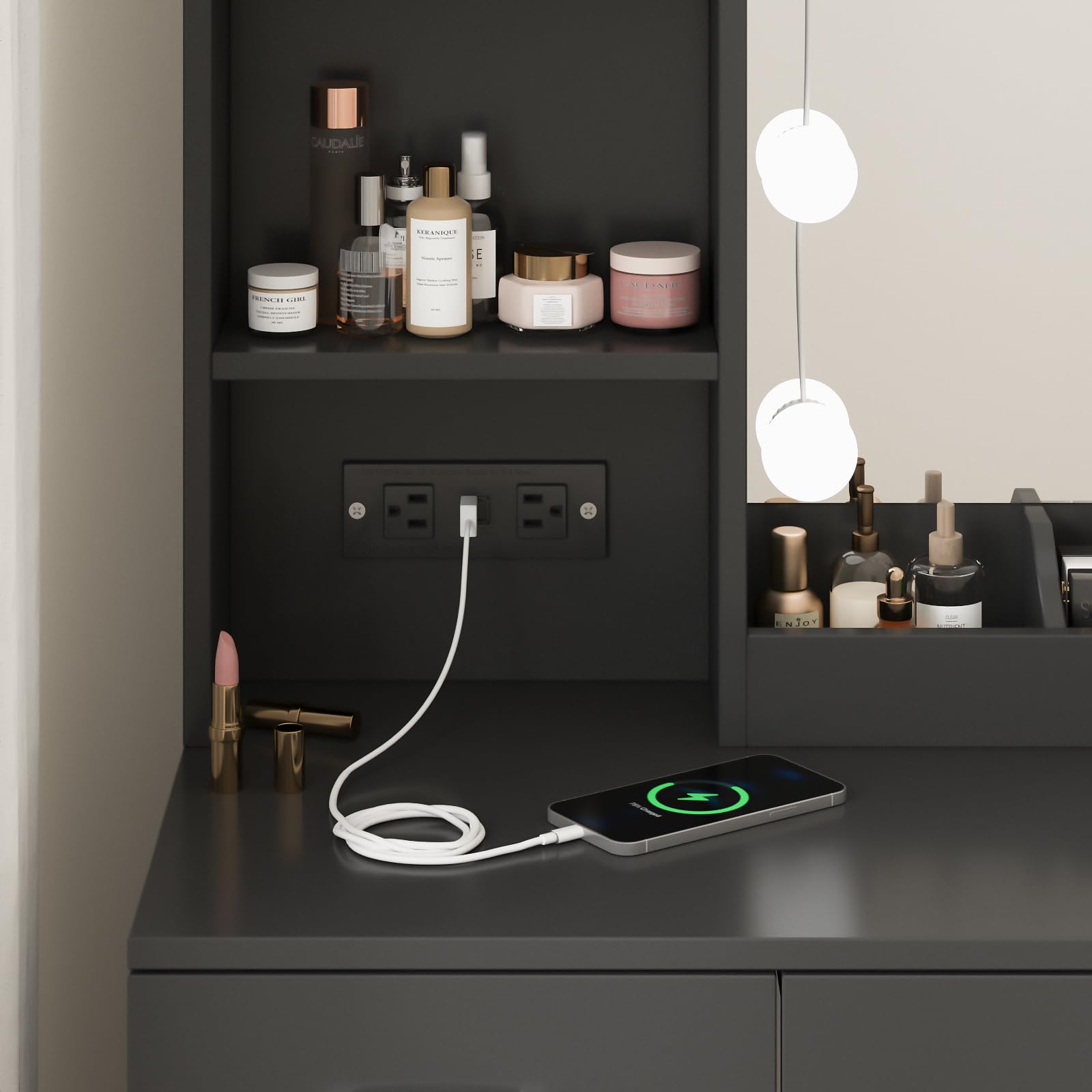 Fameill Black Makeup Vanity Desk with LED Lighted Mirror & Power Strip, 2-Drawer Vanity Table Set with Storage, 3 Adjustable Lighting Colors, 35.4 Inch - Perfect for Bedroom, Dressing Room & Home Beauty Station