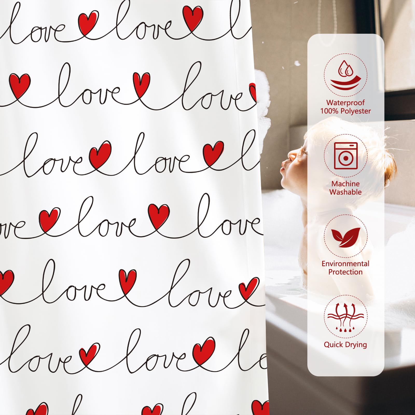 MEHOFOND Valentine's Day Shower Curtain - Romantic Love Heart Design, 72x72 Inch Waterproof Bathroom Decor for Couples - Perfect for Anniversary, Wedding, or Valentine's Gift - Durable & Washable Polyester Fabric