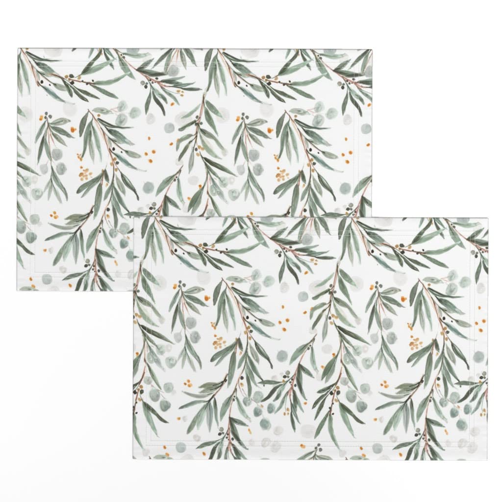 Premium Linen Cotton Canvas Placemats Set of 2 - Olive Sage Eucalyptus Australian Flora Print Table Mats for Dining Room Decor & Kitchen Table Setting