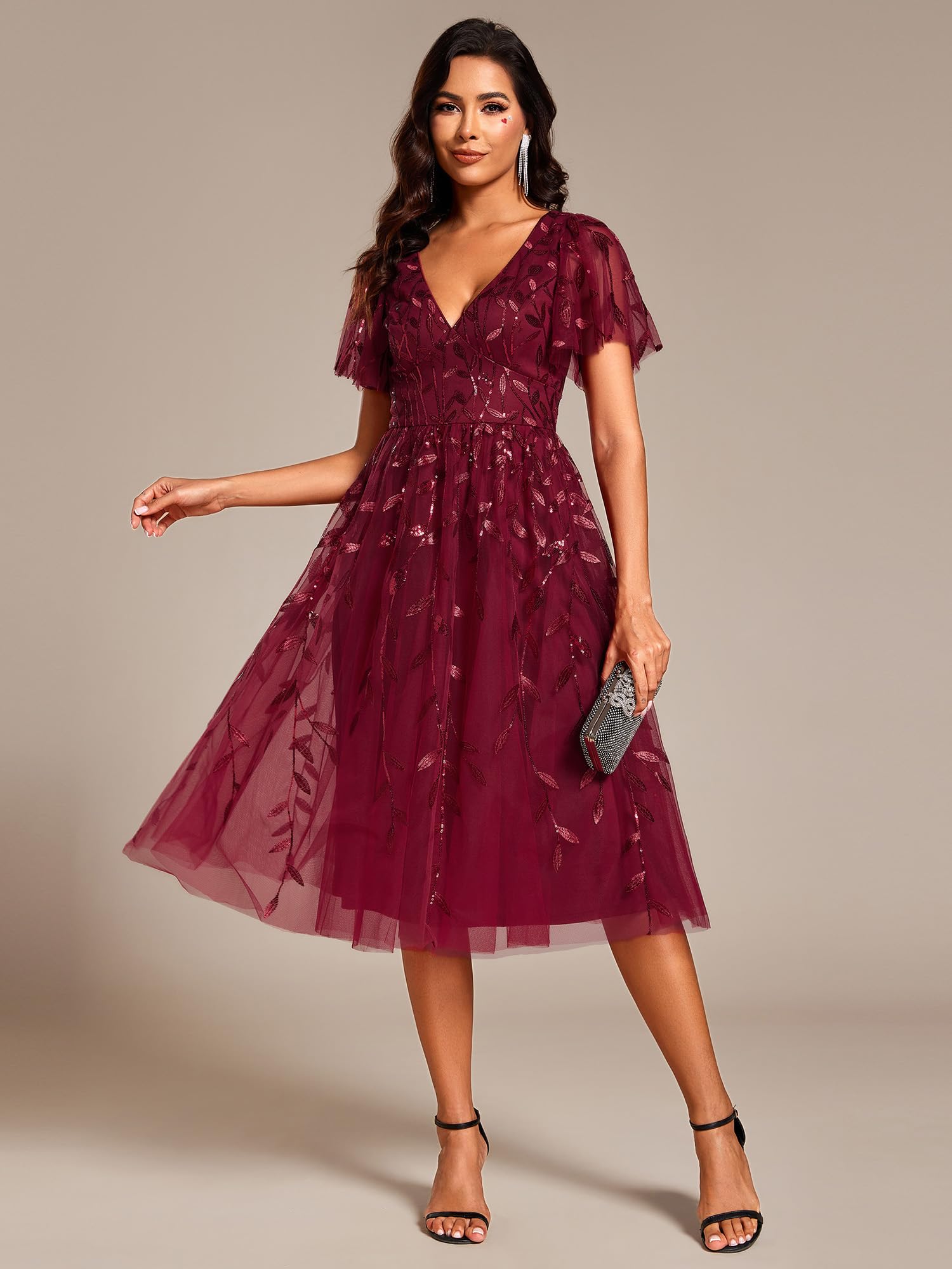 Ever-Pretty Women's Elegant A-Line Embroidery Tulle Sequins Short Sleeves Midi Dress for Wedding Guest, Party, Cocktail & Special Occasions - Style 02230