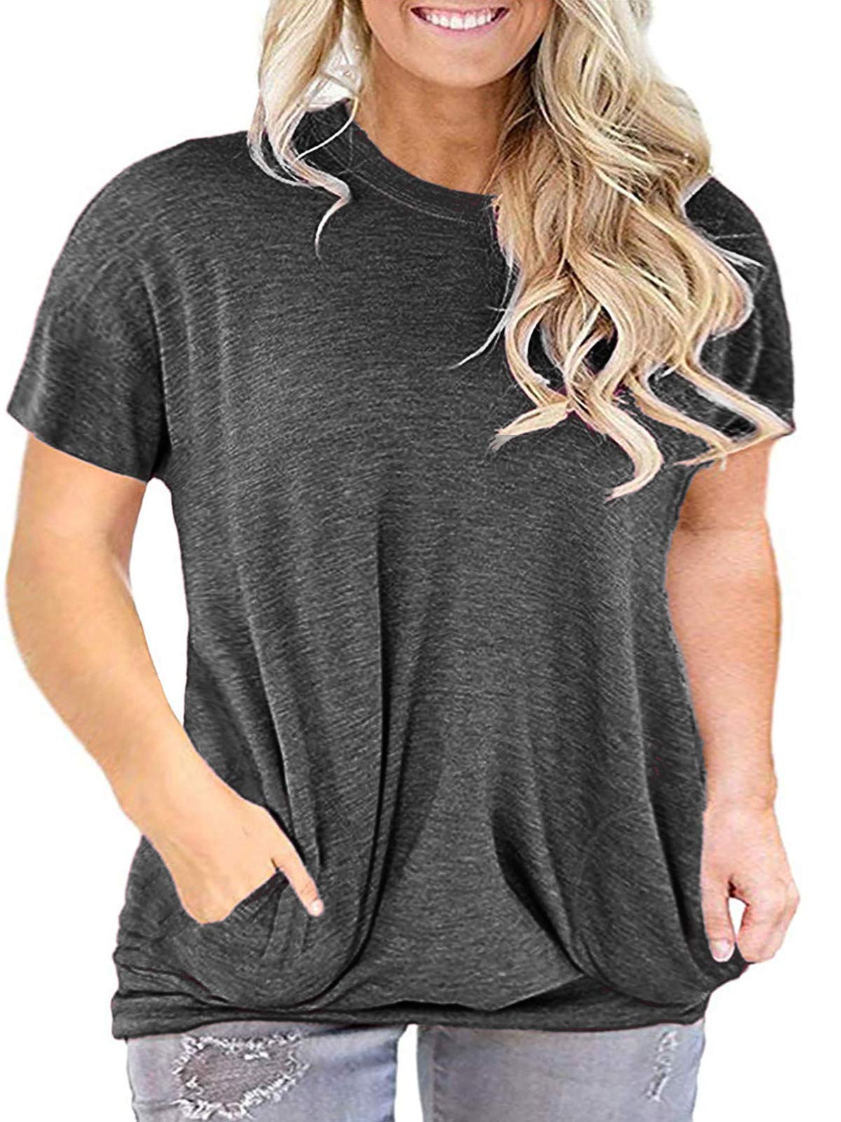 LANREMON Women's Plus Size Casual Short Sleeve Tunic Top with Pockets - Comfortable Round Neck Blouse for Work, Travel & Everyday Wear