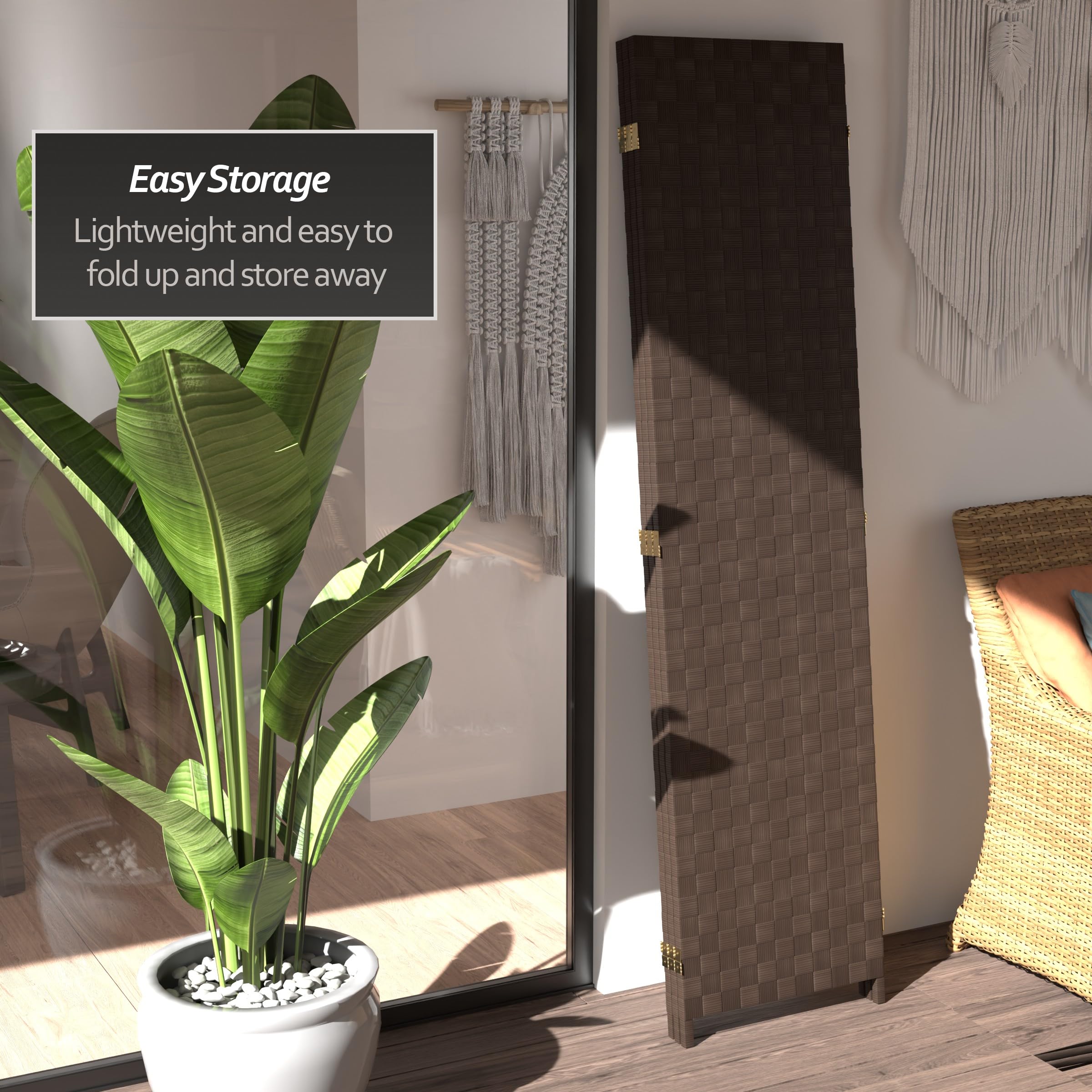 6 ft. Tall Dark Brown Woven Fiber Outdoor Room Divider - All Weather 3 Panel Red Lantern Design for Patio, Garden, and Backyard Privacy