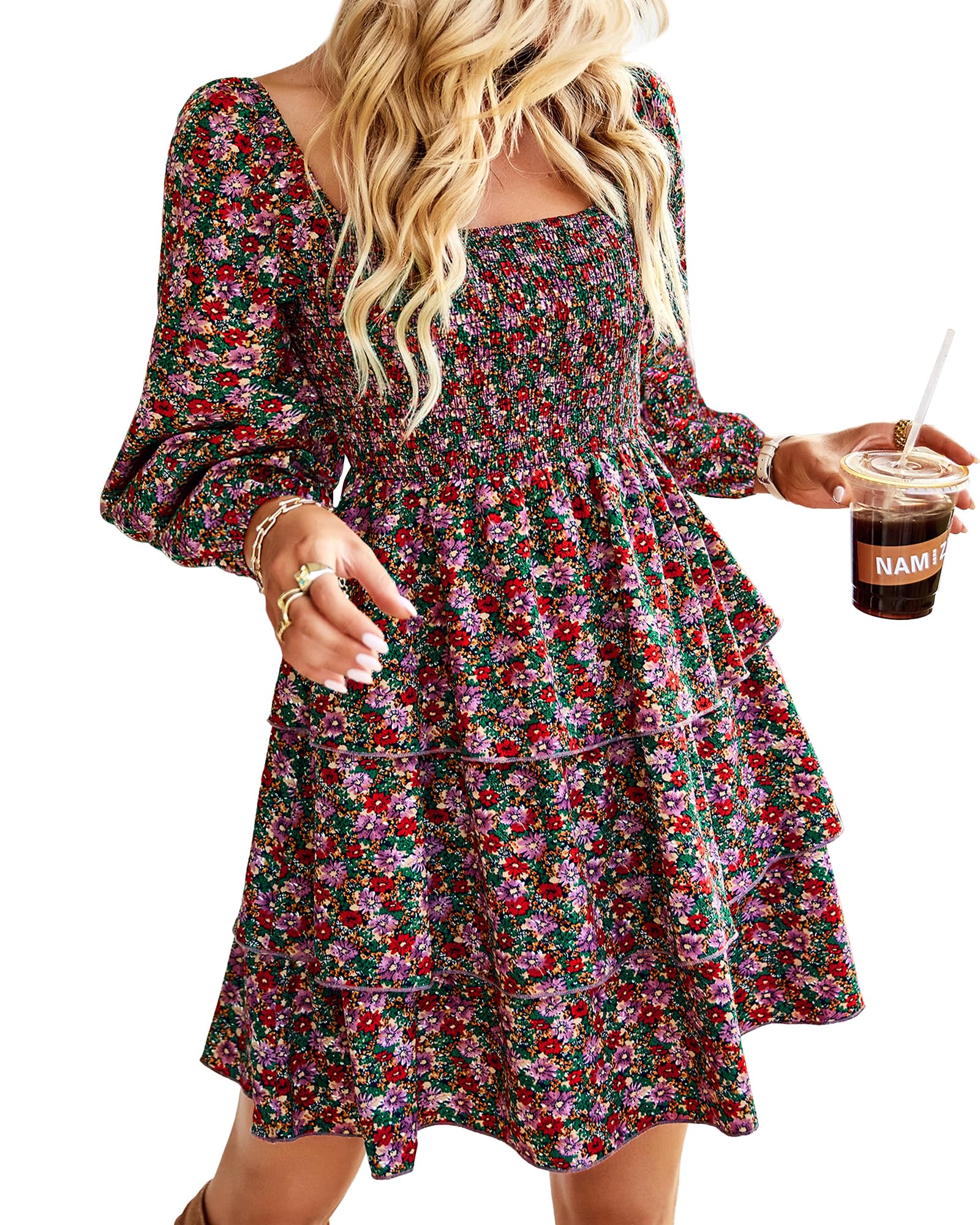 BTFBM Women's Floral Swiss Dot Smocked Mini Dress - Square Neck Long Sleeve Boho Style for Spring Summer 2025 | Perfect for Wedding Guest, Garden Party & Date Night Outfits