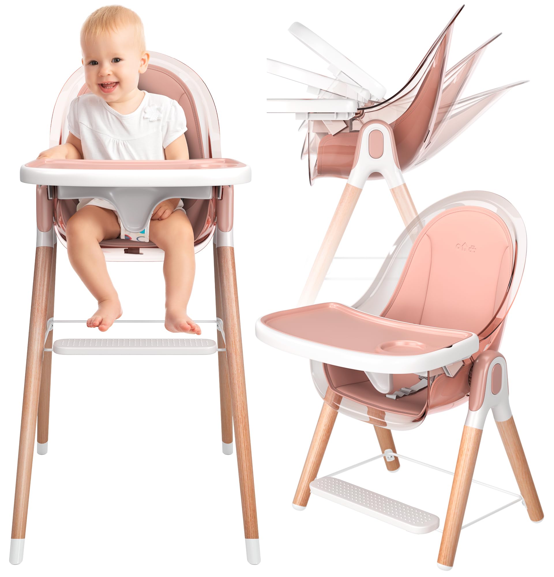 **6-in-1 Deluxe Wooden High Chair for Babies & Toddlers – Modern, Safe & Compact Baby Highchair with Removable Tray & Cushion – Easy to Clean – 6 Options, 3 Seat Positions, 2 Heights – Perfect for Dining, Feeding & Playtime (Pink)**