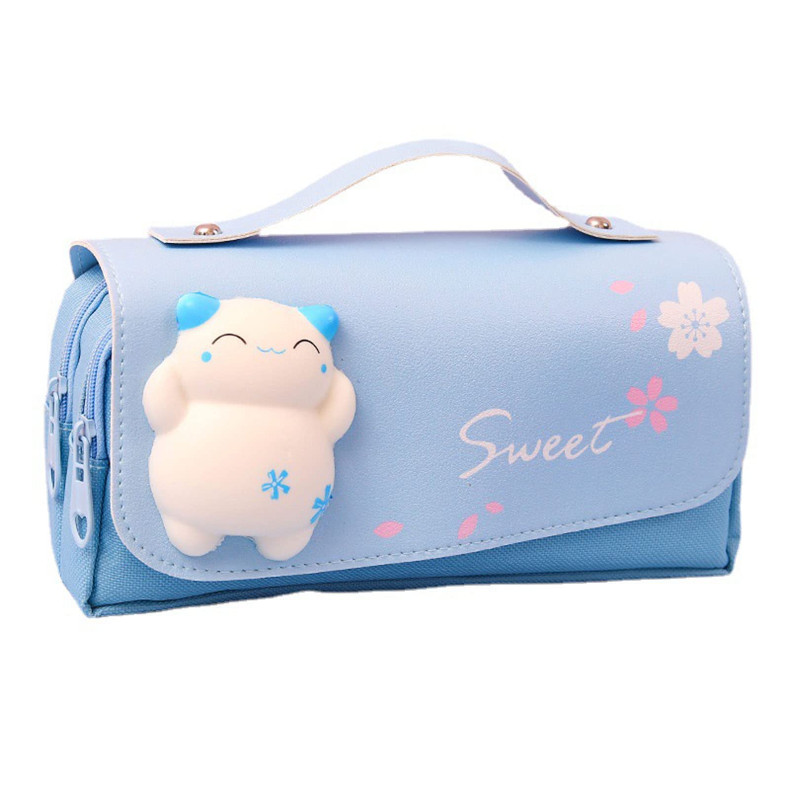 **Cute Kawaii Pencil Case with Squishy Cat Pouch – Large Capacity Pen Bag with Handle & Stress Relief Toy for Kids & Teens – School & Office Stationery Organizer (Blue, Squishy Cat) – Perfect for Back-to-School, Study & Work**