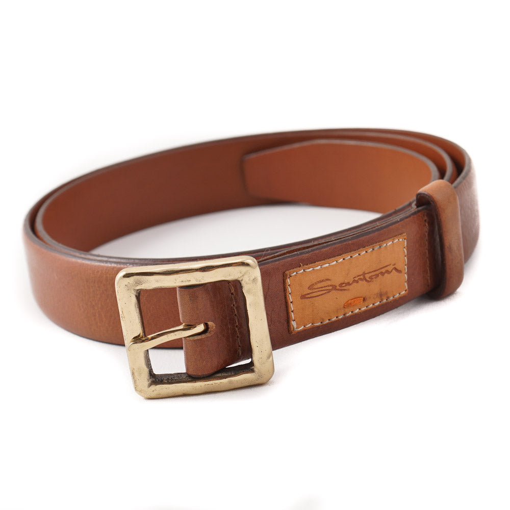Santoni Medium Brown Genuine Leather Belt with Gold Buckle - Classic Dress Belt for Men, Perfect for Business, Office & Formal Occasions