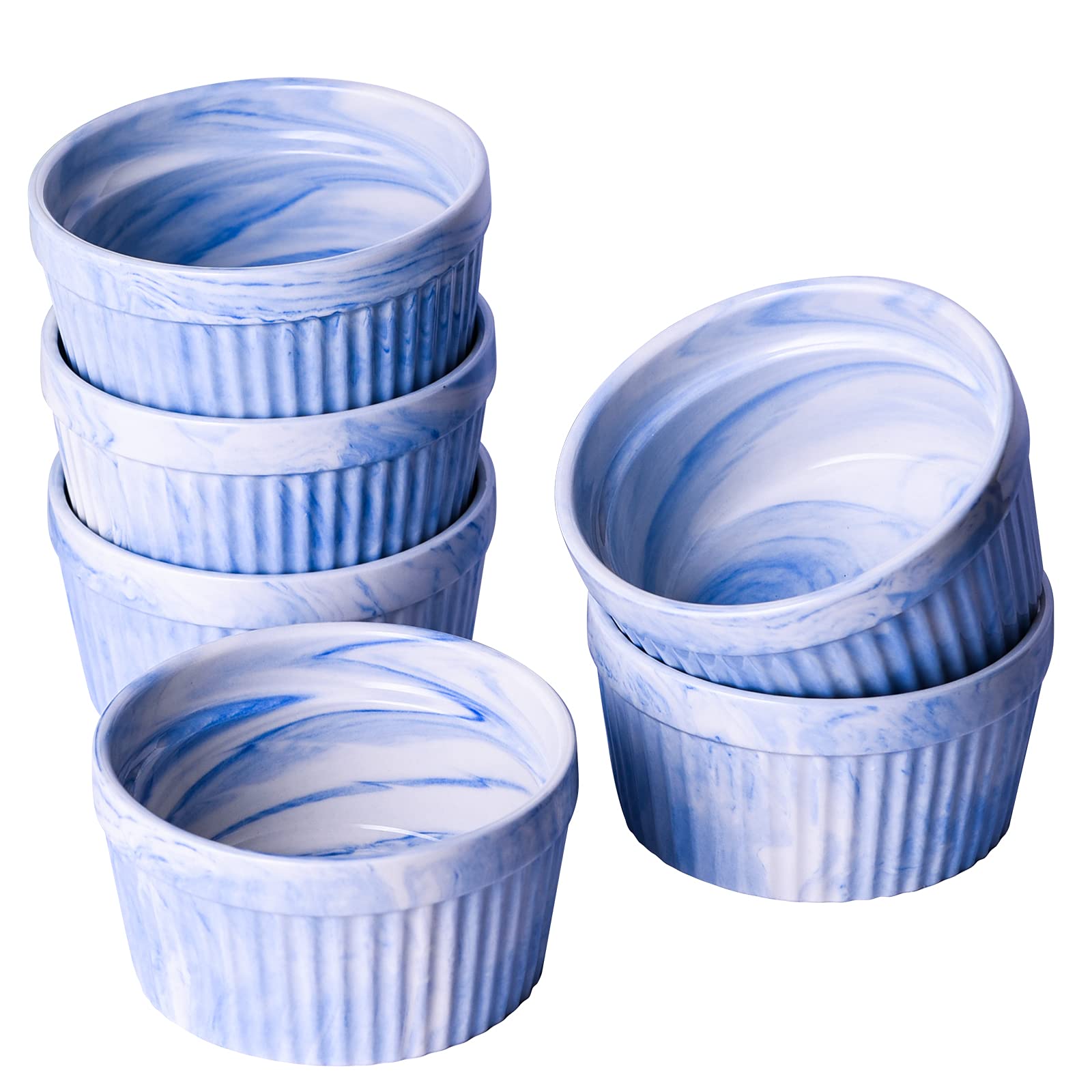 Yundu 8oz Blue Marble Ceramic Ramekins - Oven Safe Baking Bowls for Creme Brulee, Souffle, Desserts (Set of 6) | Perfect for Home Baking, Restaurant Use & Gift Giving