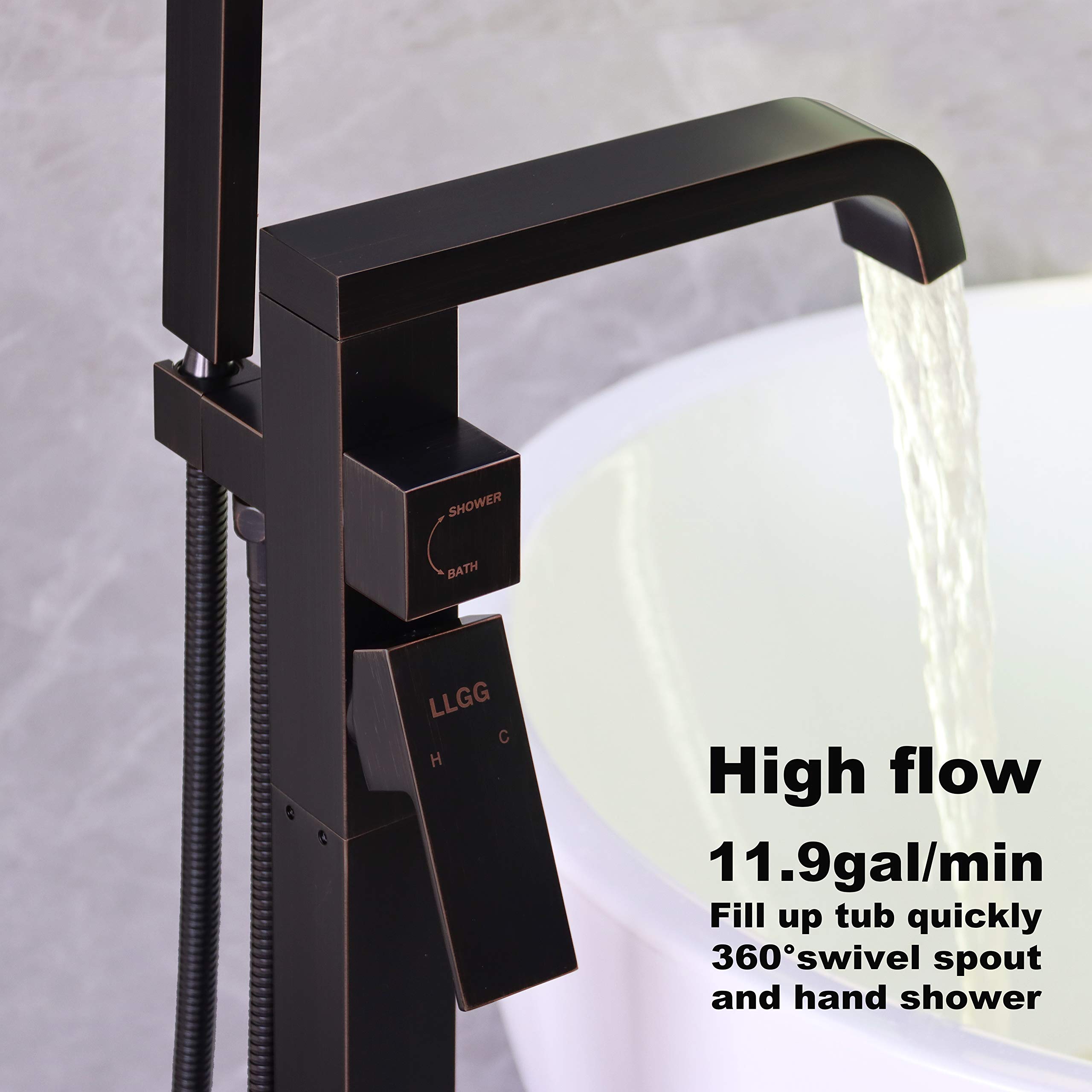 High Flow Freestanding Tub Faucet - Oil Rubbed Bronze Brass Floor Mount Bathtub Filler with Handheld Shower (11.9 GPM) - Perfect for Luxury Bathrooms & Spa Retreats